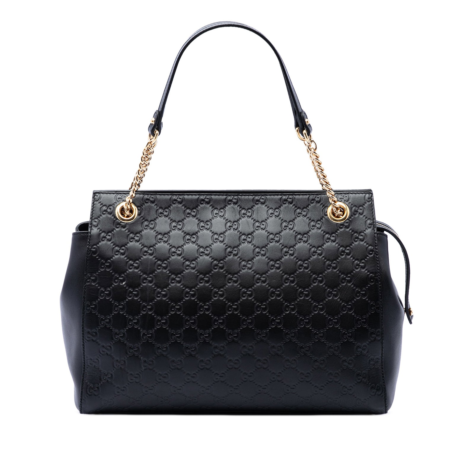 Gucci Medium Guccissima Tote Black Embossed Leather Chain Strap: Gucci Medium Guccissima Tote Black Embossed Leather Chain Strap A Gucci Medium Guccissima Soft Signature Tote in black embossed leather with gold-tone chain link and leather straps. The bag features a