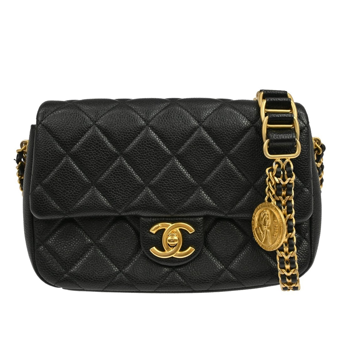 CHANEL Classic Single Flap Mini Shoulder Bag Black Caviar Leather: CHANEL Classic Single Flap Mini Shoulder Bag Black Caviar Leather Chanel Classic Single Flap shoulder bag in black caviar skin leather with a turn-lock closure and crossbody strap. This mini bag is ma