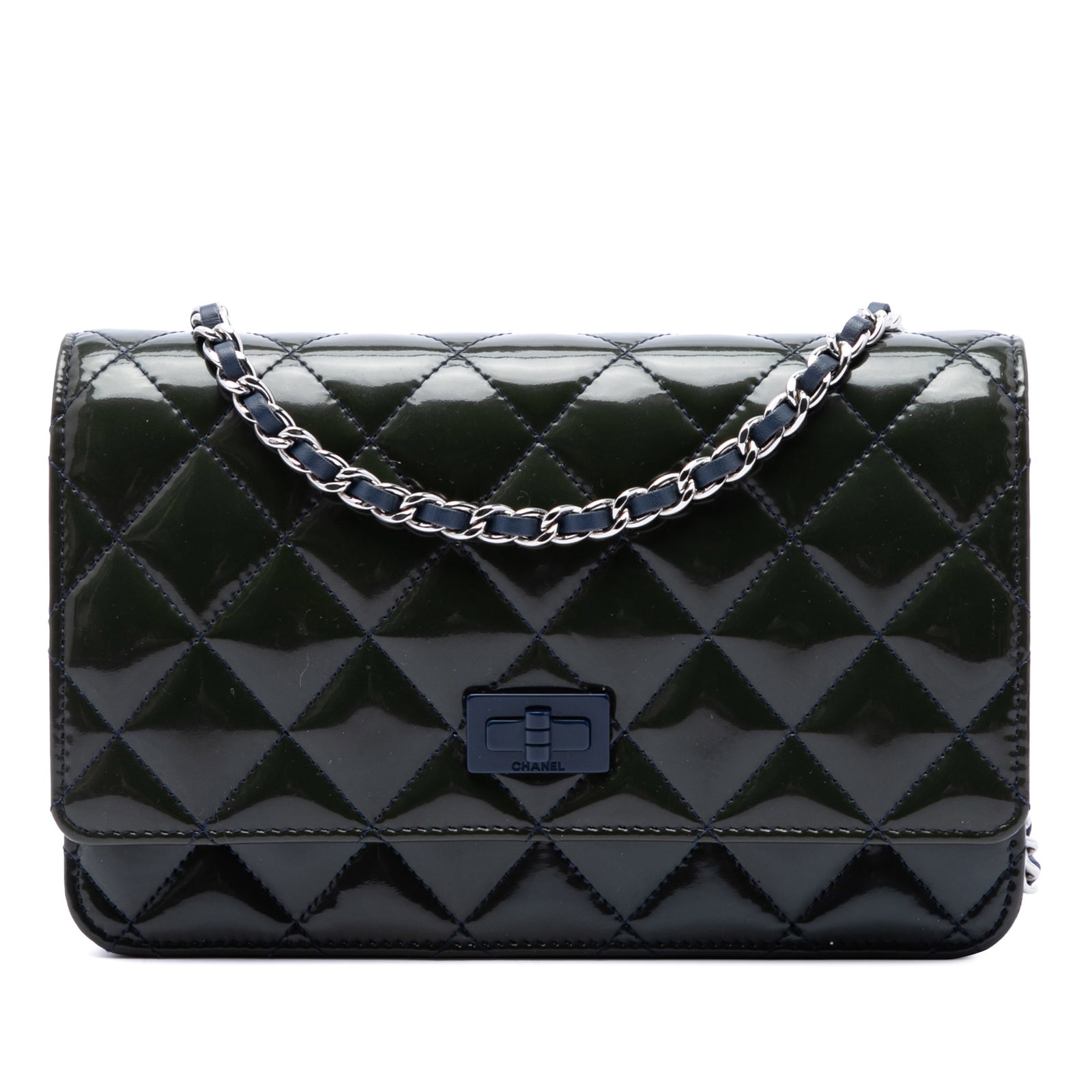 Chanel Reissue 2.55 Quilted Patent Wallet on Chain Bag: Chanel Reissue 2.55 Quilted Patent Wallet on Chain Bag Chanel Reissue 2.55 Wallet on Chain in green quilted patent leather. This bag features a leather-woven chain strap, a front flap with twist lock 
