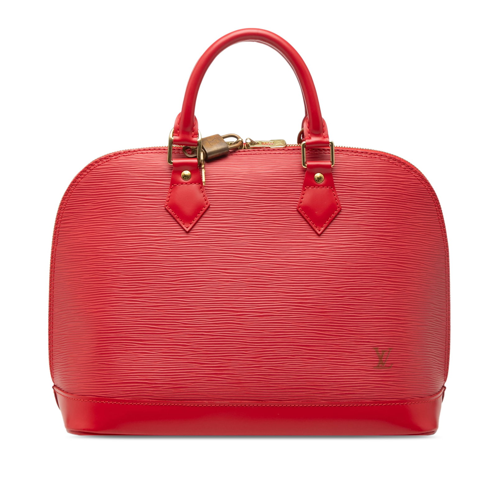 Louis Vuitton Alma PM Red Epi Leather Handbag with Top Zip: Louis Vuitton Alma PM Red Epi Leather Handbag with Top Zip This Louis Vuitton Epi Alma PM features a structured silhouette crafted from signature epi leather in a striking red color. The bag includes 