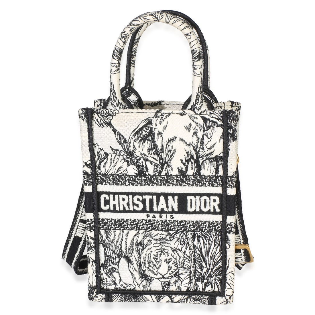 Christian Dior Mini Book Tote Phone Bag in Black White Toile de Jouy Canvas: Christian Dior Mini Book Tote Phone Bag in Black White Toile de Jouy Canvas Christian Dior Mini Book Tote Phone Bag in black and white embroidered Toile de Jouy canvas. This pre-owned mini tote featur