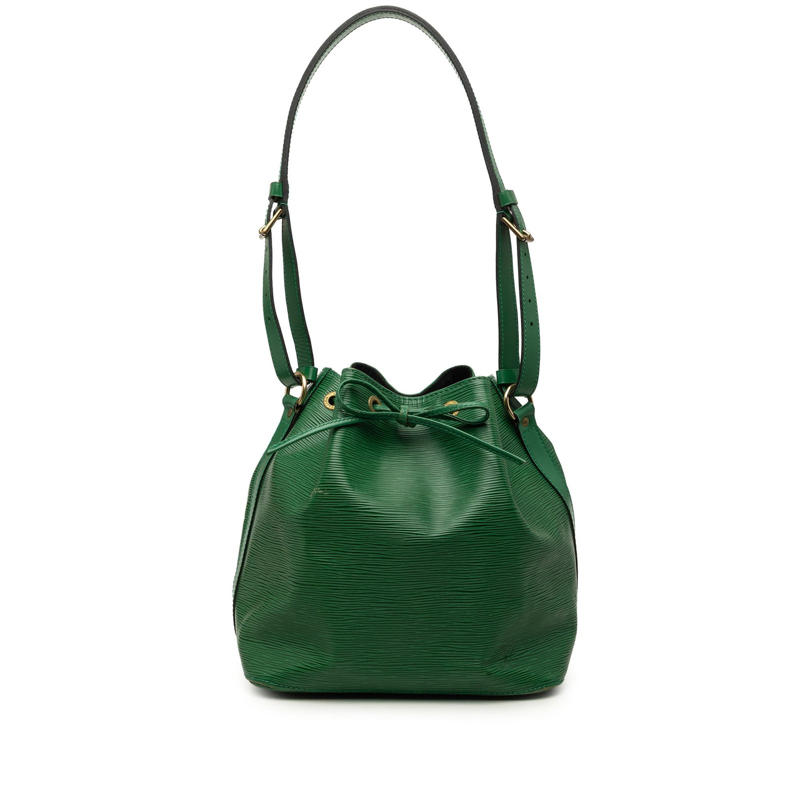Louis Vuitton Petit Noe Epi Leather Shoulder Bag Green: Louis Vuitton Petit Noe Epi Leather Shoulder Bag Green Louis Vuitton Epi Petit Noe bucket bag crafted in green Epi leather with a flat leather shoulder strap, drawstring closure, and an interior zip p