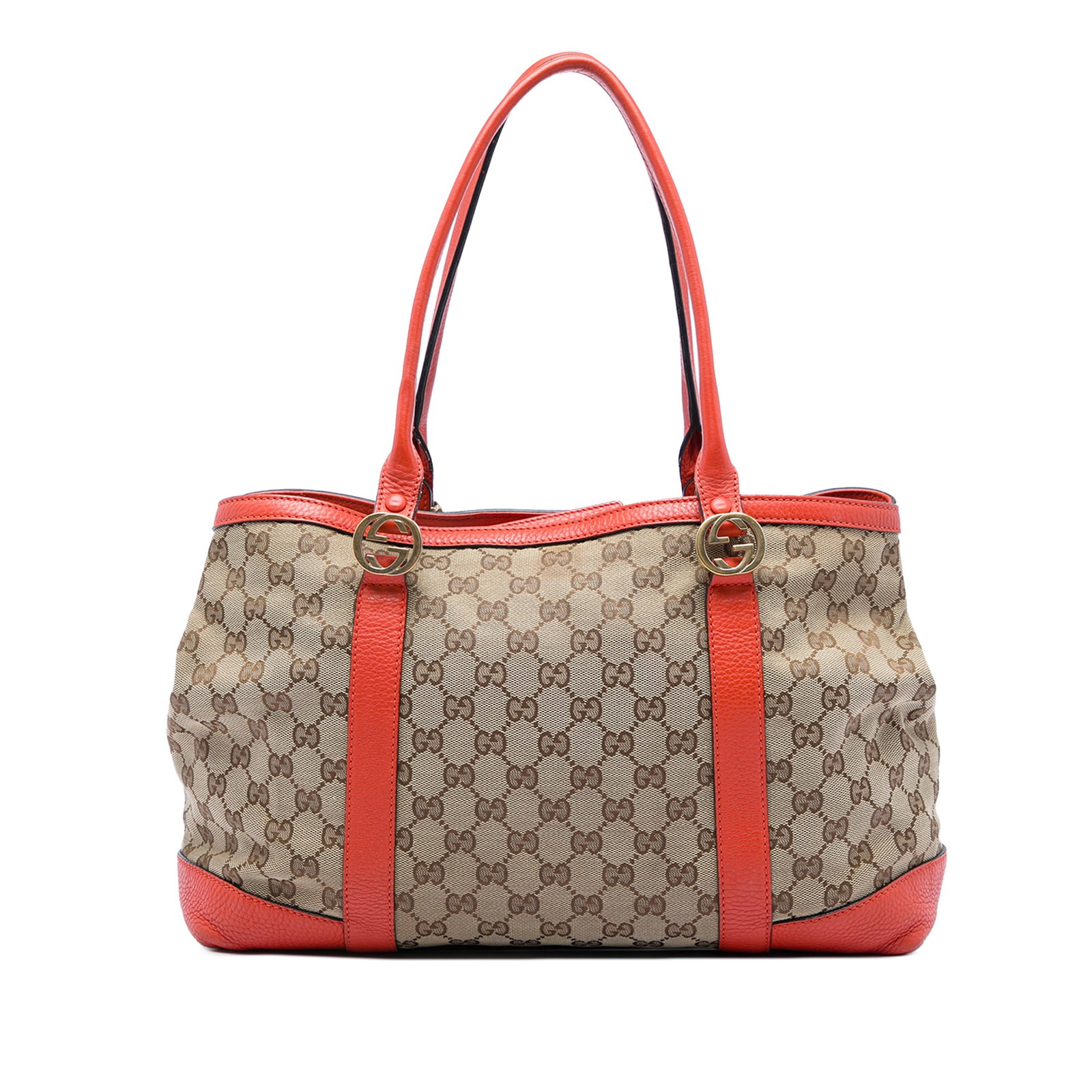 Gucci Miss GG Canvas Tote Bag with Leather Trim: Gucci Miss GG Canvas Tote Bag with Leather Trim Gucci GG Canvas Miss GG Tote in beige with a canvas body and leather trim. This tote features rolled leather handles, an open top with a magnetic snap c