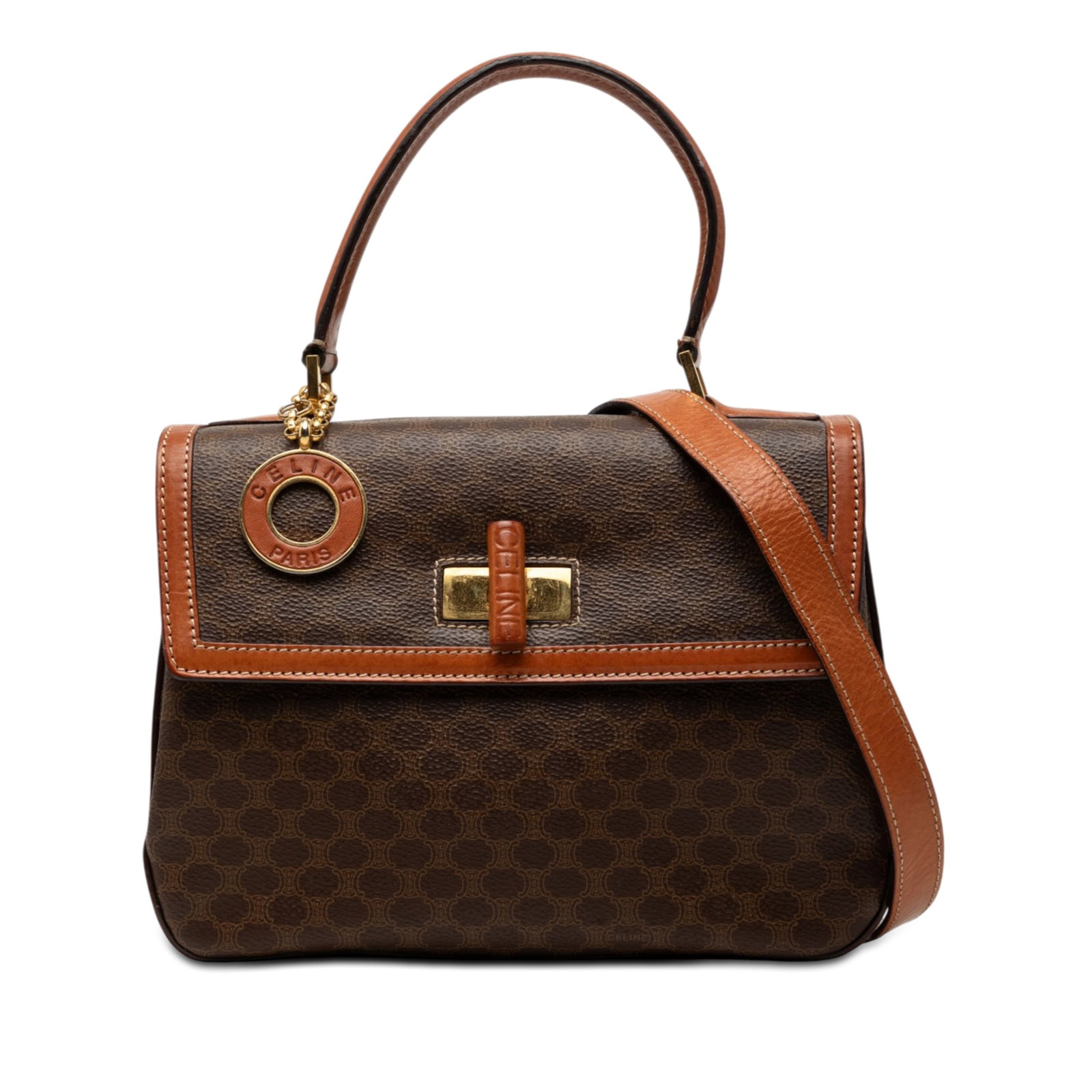 Celine Macadam Brown Satchel in Coated Canvas and Leather: Celine Macadam Brown Satchel in Coated Canvas and Leather Celine Macadam satchel in coated canvas with leather trim and a brown finish. This structured bag features a flat leather top handle, a detach