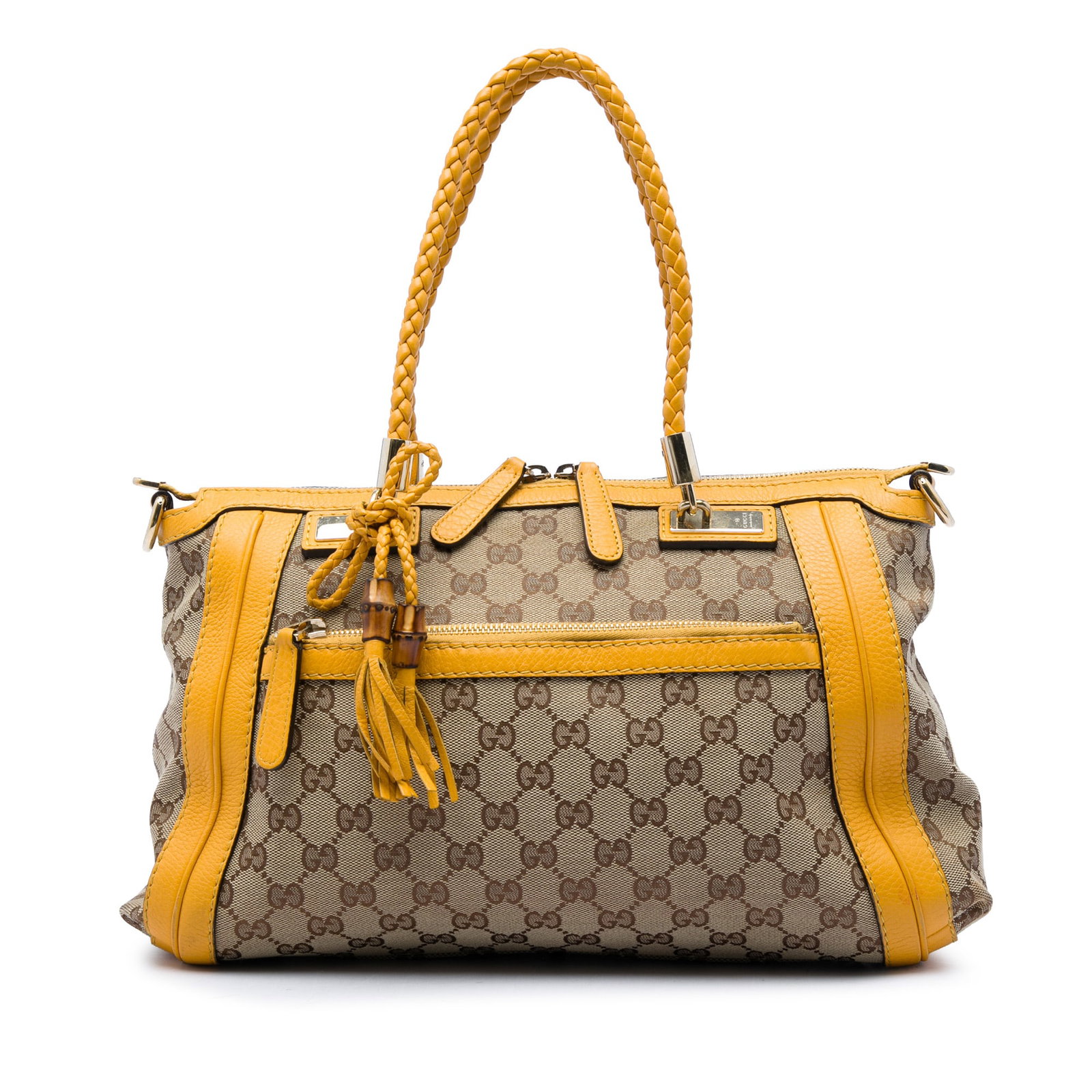Gucci Bella Satchel Beige GG Canvas Handbag with Leather Trim: Gucci Bella Satchel Beige GG Canvas Handbag with Leather Trim A Gucci GG Canvas Bella Satchel crafted with a canvas body and leather trim. This satchel features tassel detailing, braided rolled leathe