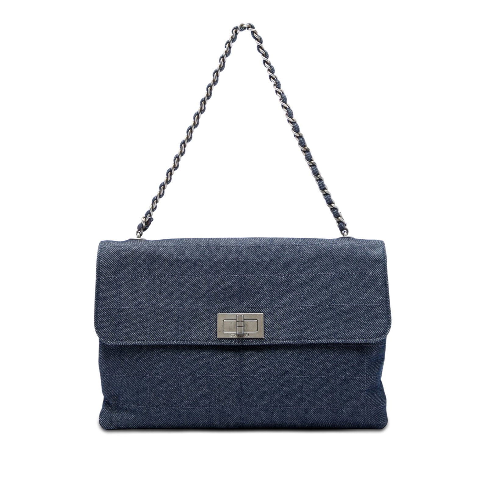 Chanel Reissue 2.55 Chocolate Bar Denim Shoulder Bag Blue: Chanel Reissue 2.55 Chocolate Bar Denim Shoulder Bag Blue A Chanel Chocolate Bar Denim Reissue 2.55 Flap shoulder bag in blue fabric with square quilting. It features a fabric interwoven chain strap, 