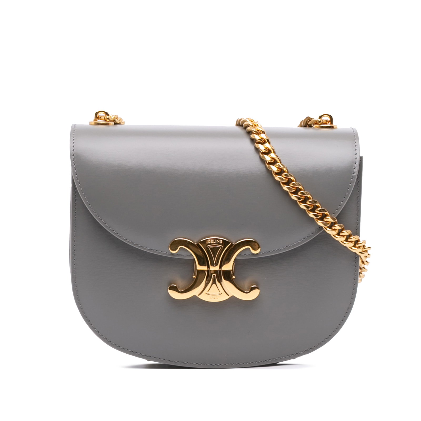 Celine Triomphe Besace Clea Teen Gray Calfskin Chain Crossbody: Celine Triomphe Besace Clea Teen Gray Calfskin Chain Crossbody A Celine Teen Triomphe Besace Clea chain crossbody crafted in shiny calfskin leather. This crossbody bag features a chain link strap, a f