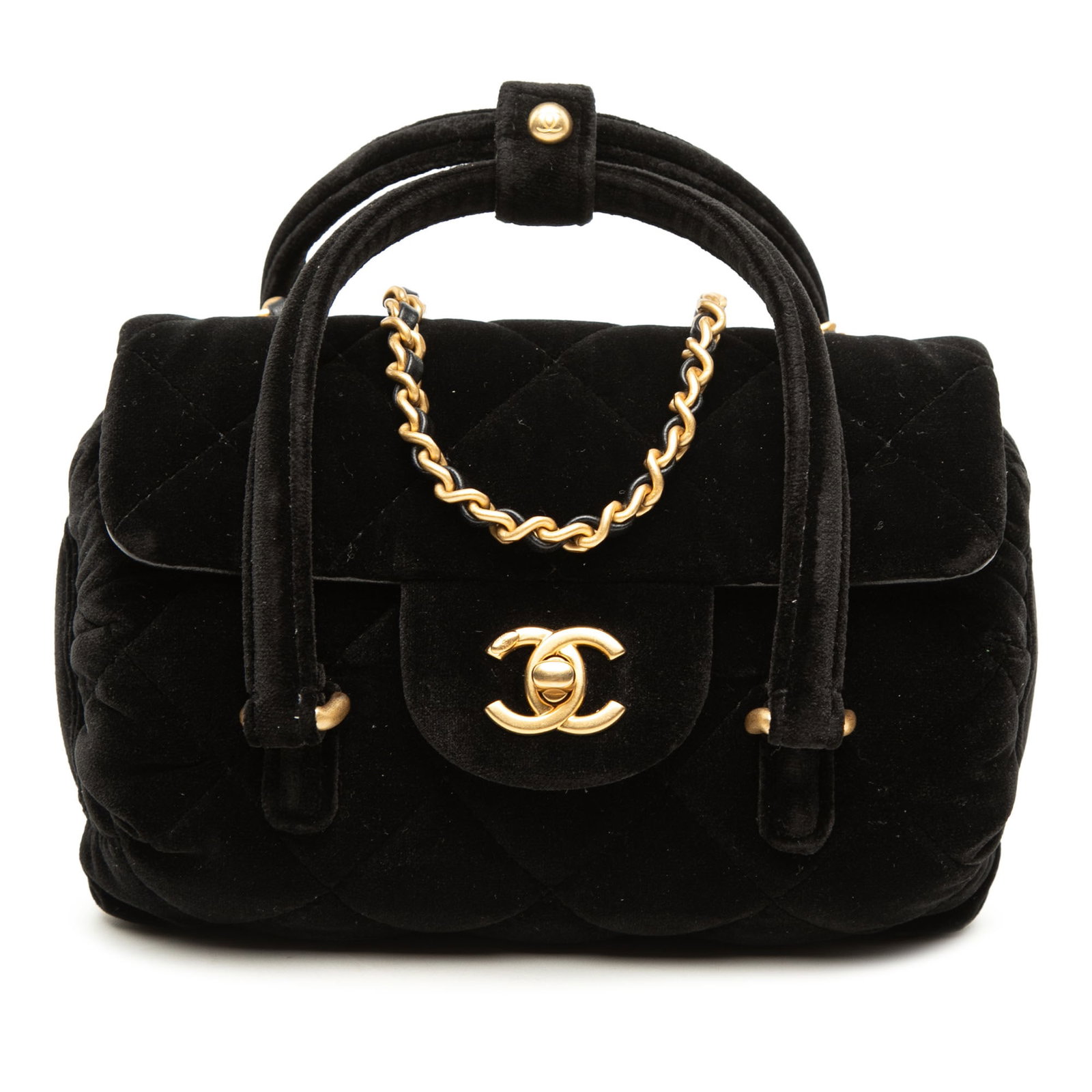Chanel Mini Quilted Velvet Flap Satchel with Top Handle: Chanel Mini Quilted Velvet Flap Satchel with Top Handle Chanel Mini Quilted Velvet Top Handle Flap satchel in black with a quilted velvet body, rolled velvet handles, and a leather-woven chain-link st