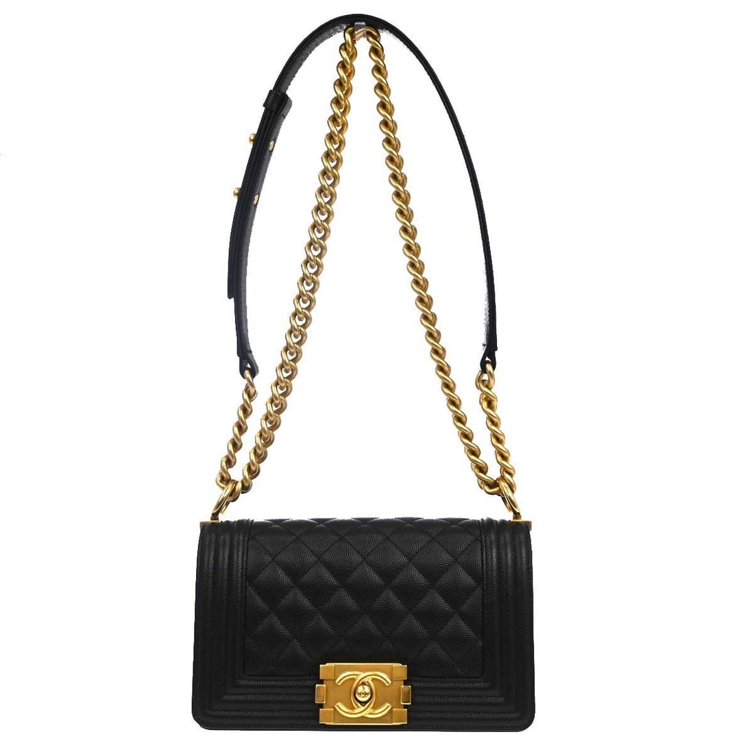 CHANEL Boy Chanel Small Black Caviar Leather Shoulder Bag: CHANEL Boy Chanel Small Black Caviar Leather Shoulder Bag Boy Chanel small chain shoulder bag in black caviar skin leather with a clasp flap closure and chain shoulder strap. The bag features a fabric