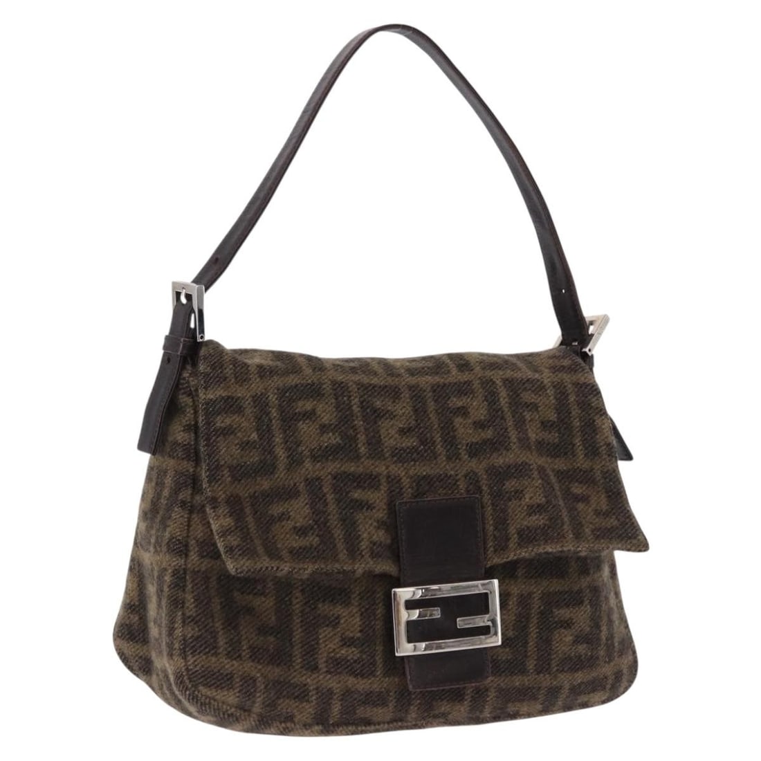 Fendi Zucca Mamma Baguette Wool Shoulder Bag Brown Silver: Fendi Zucca Mamma Baguette Wool Shoulder Bag Brown Silver Fendi Zucca Mamma Baguette shoulder bag in brown and silver, crafted from wool and Zucca canvas. Made in Italy, this bag features a shoulder s