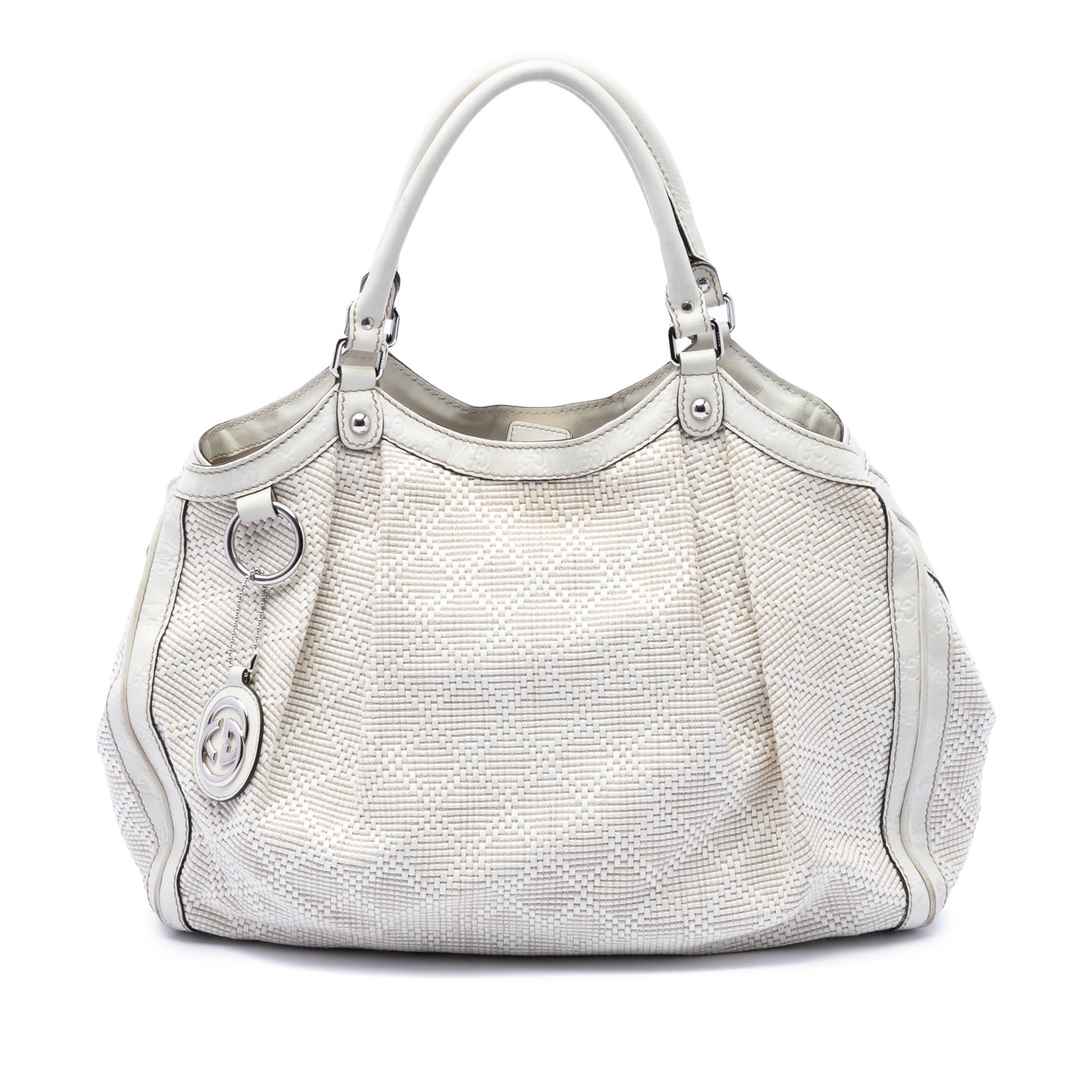 Gucci Sukey Large Raffia Tote with Leather Trim: Gucci Sukey Large Raffia Tote with Leather Trim A Gucci Large Diamante Raffia Sukey Tote crafted with a raffia body and leather trim. This tote features rolled leather handles, an open top with a magn