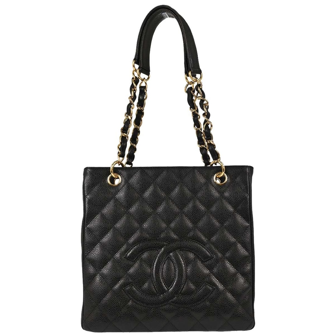 CHANEL Petite Shopping Tote black caviar leather chain strap bag: CHANEL Petite Shopping Tote black caviar leather chain strap bag Chanel Petite Shopping Tote PST chain handbag in black caviar skin leather with a quilted exterior, magnetic closure, and canvas lining