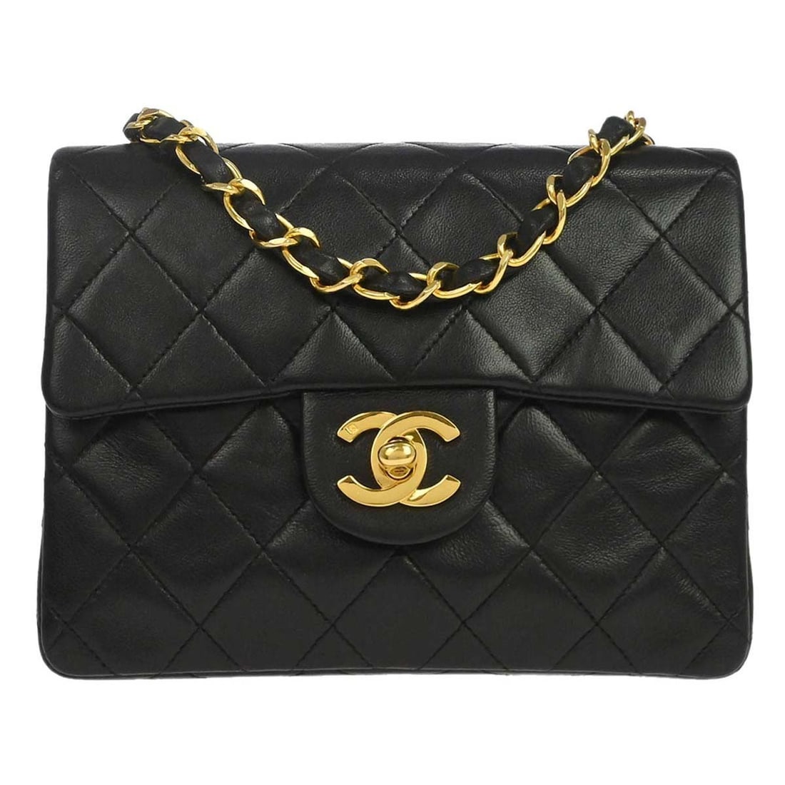 CHANEL Classic Flap Mini Square Shoulder Bag Black Lambskin: CHANEL Classic Flap Mini Square Shoulder Bag Black Lambskin Chanel Classic Flap Mini Square shoulder bag in black lambskin leather with matelasse quilting and a flap turnlock closure. This small shoul