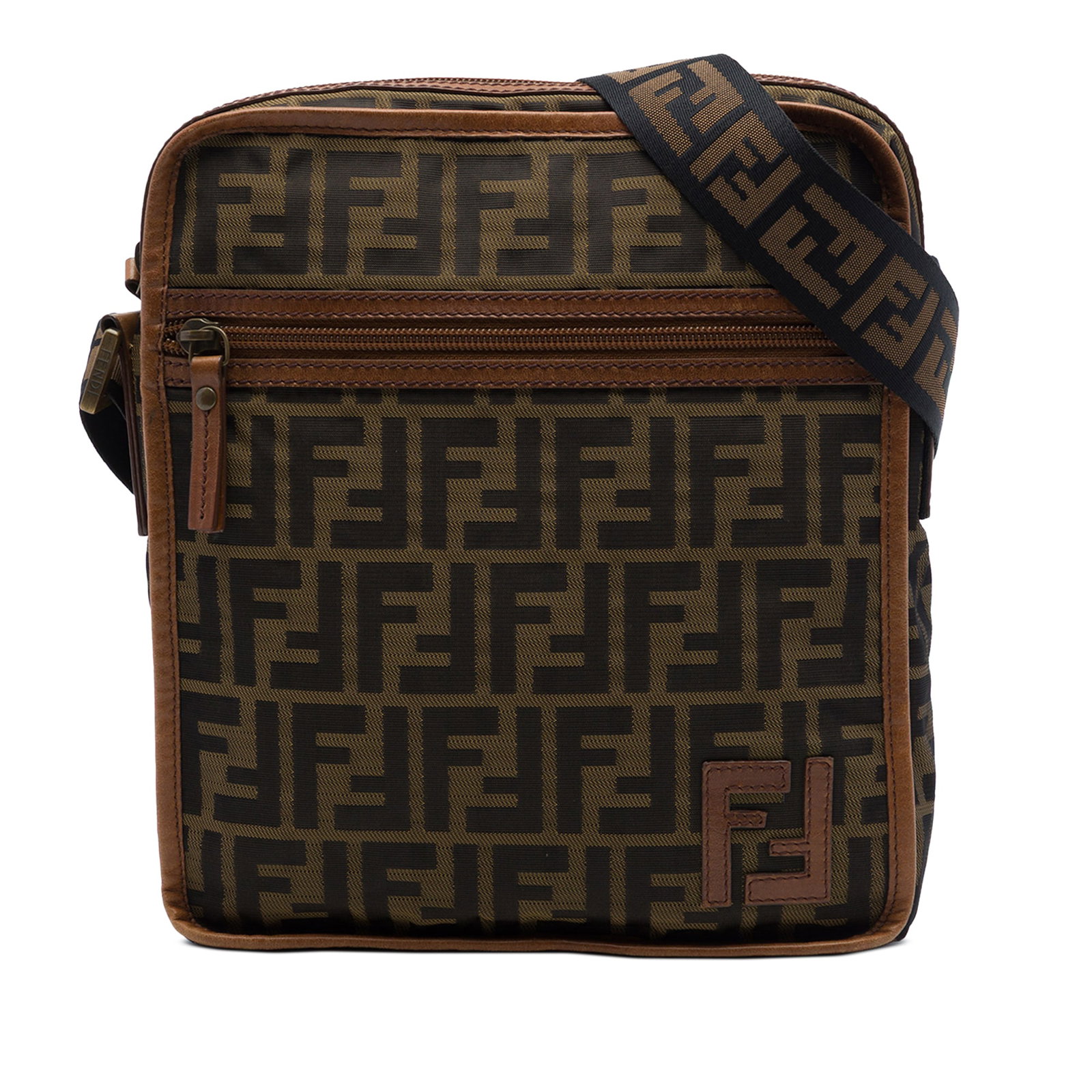 Fendi Zucca Brown Canvas Crossbody Bag with Leather Trim: Fendi Zucca Brown Canvas Crossbody Bag with Leather Trim Fendi Zucca canvas crossbody bag with leather trim and an adjustable flat strap. The bag features a top zip closure, an exterior front zip pock