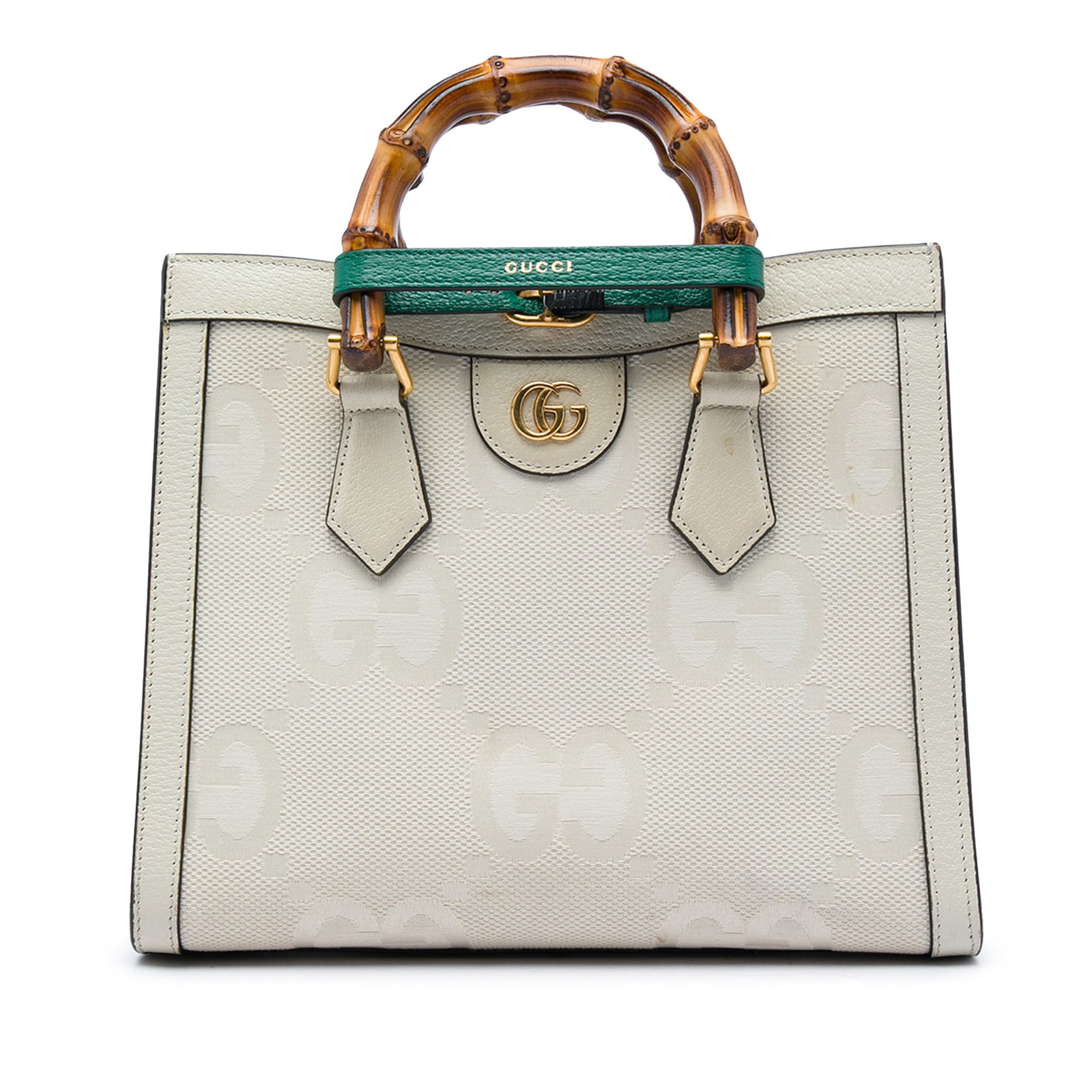 Gucci Diana Medium Satchel in Jumbo GG Canvas with Bamboo Handles: Gucci Diana Medium Satchel in Jumbo GG Canvas with Bamboo Handles A Gucci Diana satchel crafted with a jumbo GG canvas body and leather trim. This medium satchel features bamboo handles, a fold-over