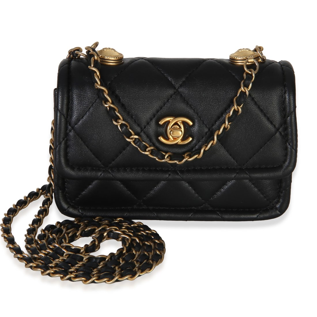 Chanel Extra Mini Flap Bag Black Quilted Lambskin Shoulder Bag: Chanel Extra Mini Flap Bag Black Quilted Lambskin Shoulder Bag Chanel Extra Mini Flap Bag in black quilted shiny lambskin with a turnlock closure and gold-tone hardware. This pre-owned shoulder bag fe
