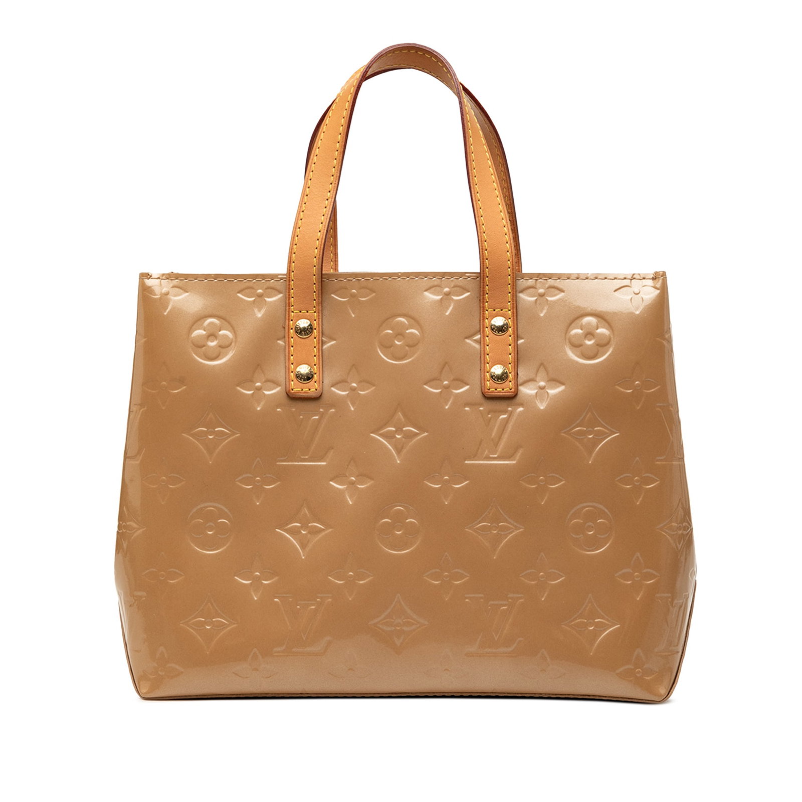 Louis Vuitton Reade PM Monogram Vernis Leather Handbag: Louis Vuitton Reade PM Monogram Vernis Leather Handbag Louis Vuitton Monogram Vernis Reade PM handbag in brown leather with flat leather handles, an open top, and an interior zip pocket. Made in Franc