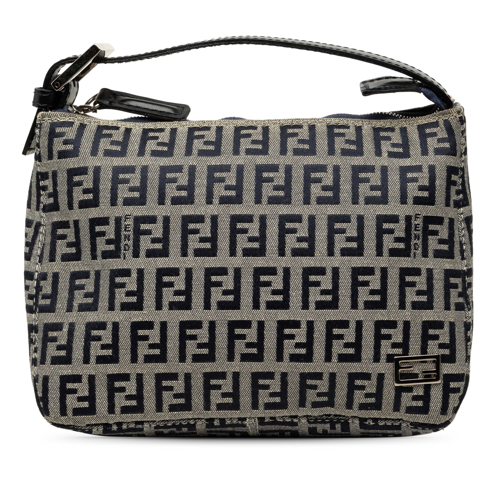 Fendi Zucchino Shoulder Bag in Gray Canvas: Fendi Zucchino Shoulder Bag in Gray Canvas Fendi Zucchino canvas handbag with a compact silhouette, leather shoulder strap, and top zip closure. Made in Italy in gray fabric. Condition B+ with visible