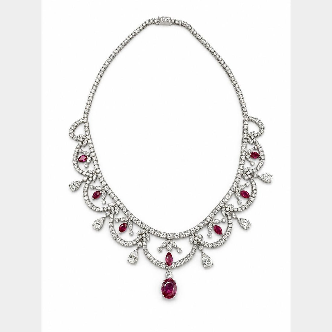 AGL Certified Platinum Necklace with Burma No-Heat Pink Sapphire and Diamonds: AGL Certified Platinum Necklace with Burma No-Heat Pink Sapphire and Diamonds Vintage 1950s platinum necklace centered with an AGL certified no-heat Burma pink sapphire and accented by additional Burm