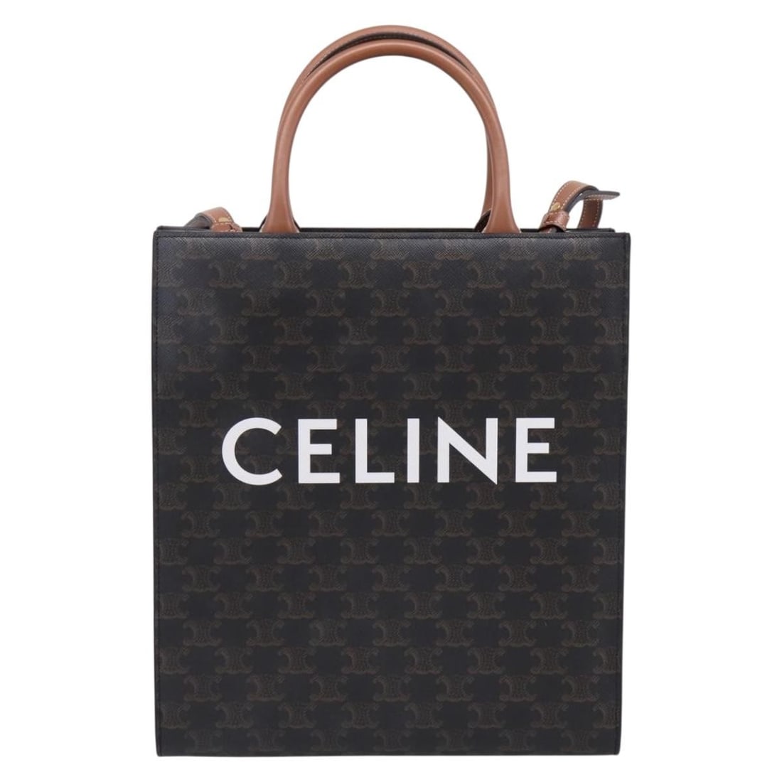 Celine Vertical Cabas Tote in Brown Canvas: Celine Vertical Cabas Tote in Brown Canvas Celine Vertical Cabas Tote in brown canvas with a clean, structured silhouette. Made in Italy, this tote is presented in good condition. Specifications Brand