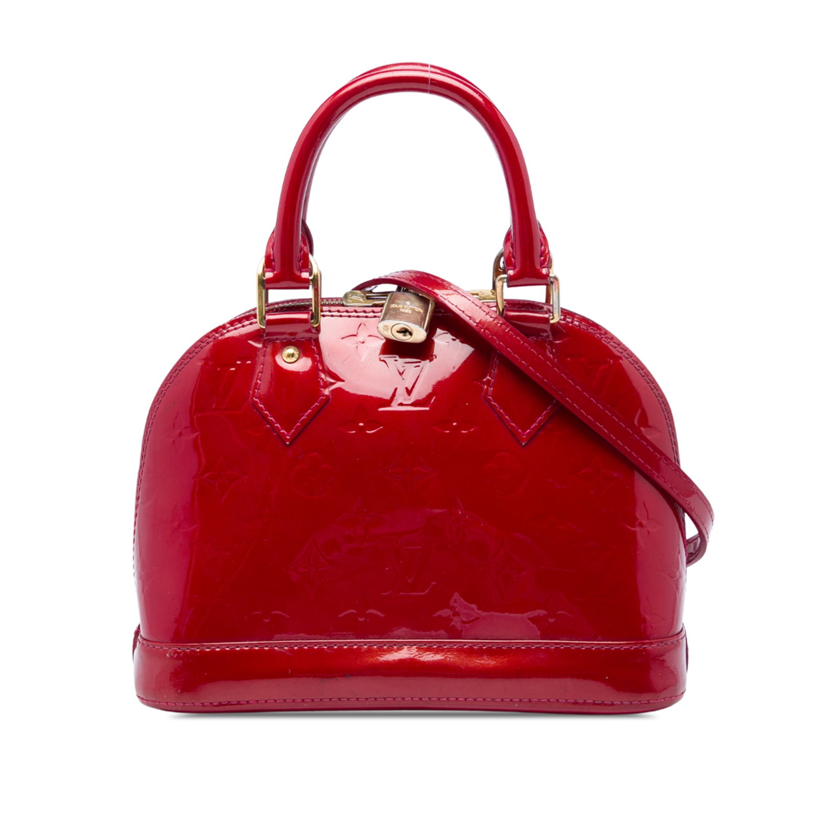 Louis Vuitton Alma BB Monogram Vernis red leather handbag: Louis Vuitton Alma BB Monogram Vernis red leather handbag A Louis Vuitton Monogram Vernis Alma BB handbag in red leather with a structured silhouette. It features rolled leather handles, a detachable 
