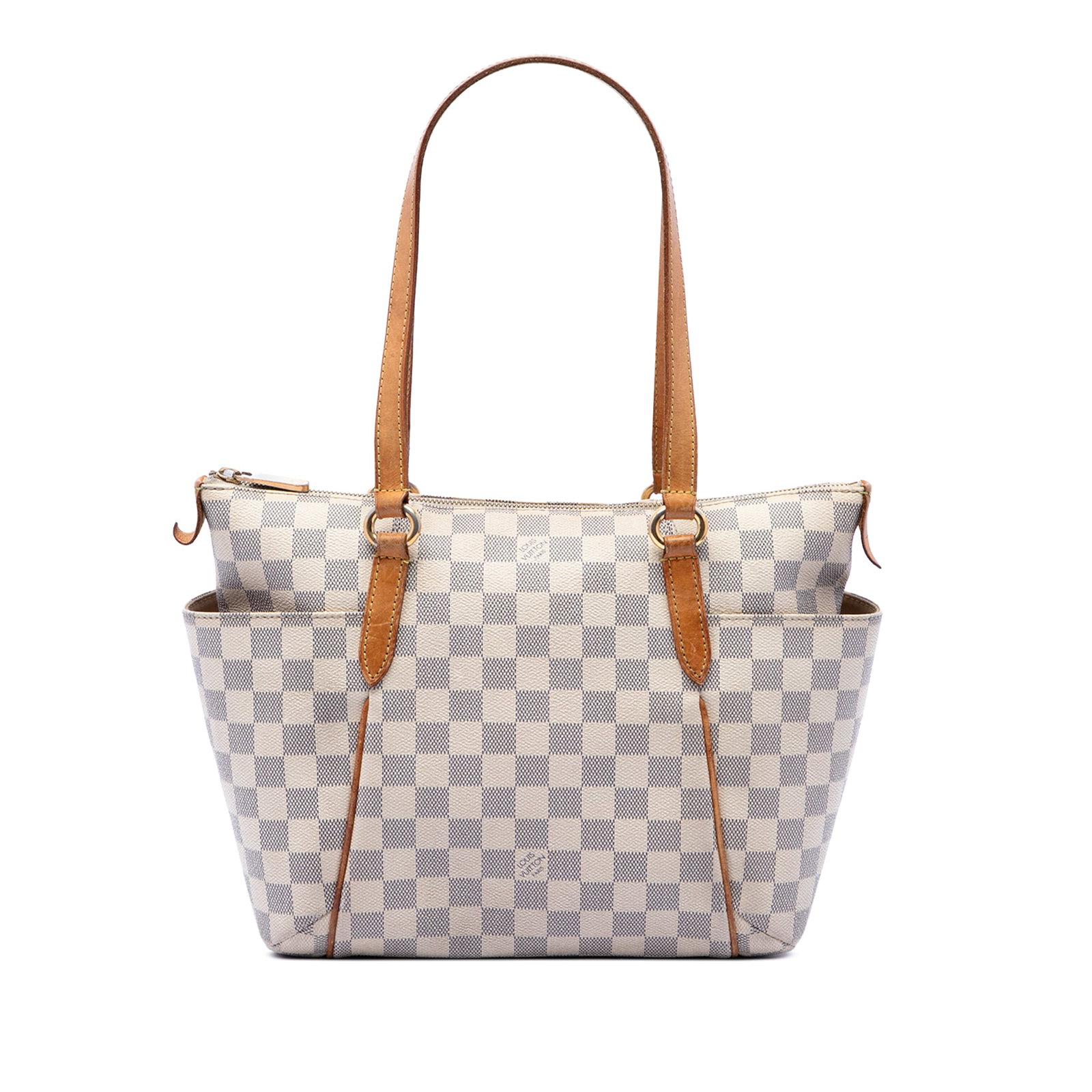 Louis Vuitton Totally PM Damier Azur Shoulder Bag: Louis Vuitton Totally PM Damier Azur Shoulder Bag A Louis Vuitton Damier Azur Totally PM shoulder bag crafted with a damier canvas body and vachetta leather trim. It features flat vachetta leather han