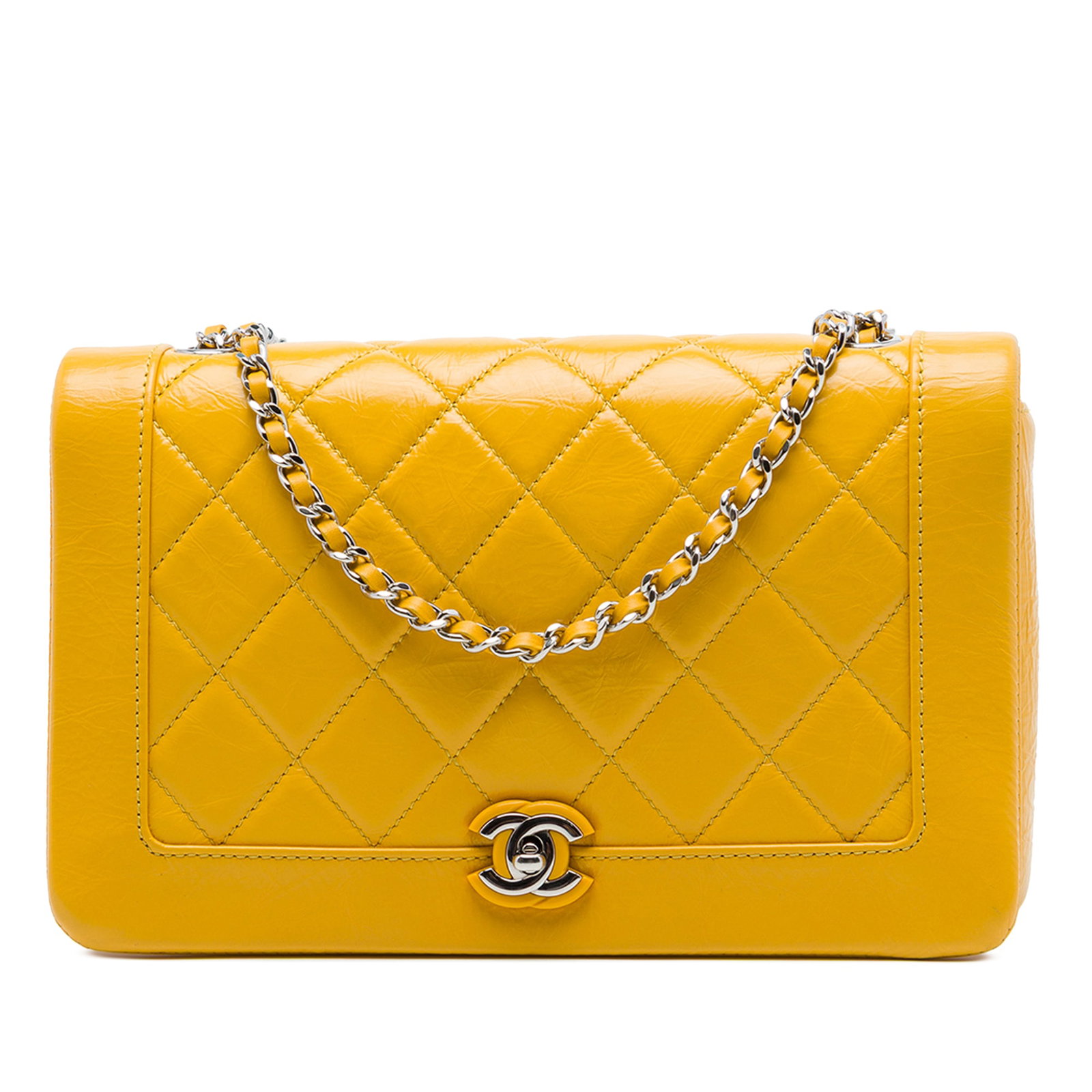 Chanel Vintage Full Flap Crossbody in Yellow Crumpled Calfskin: Chanel Vintage Full Flap Crossbody in Yellow Crumpled Calfskin Vintage Chanel crossbody bag in yellow crumpled calfskin with bi-quilted detailing. It features a leather-woven chain link strap with a l