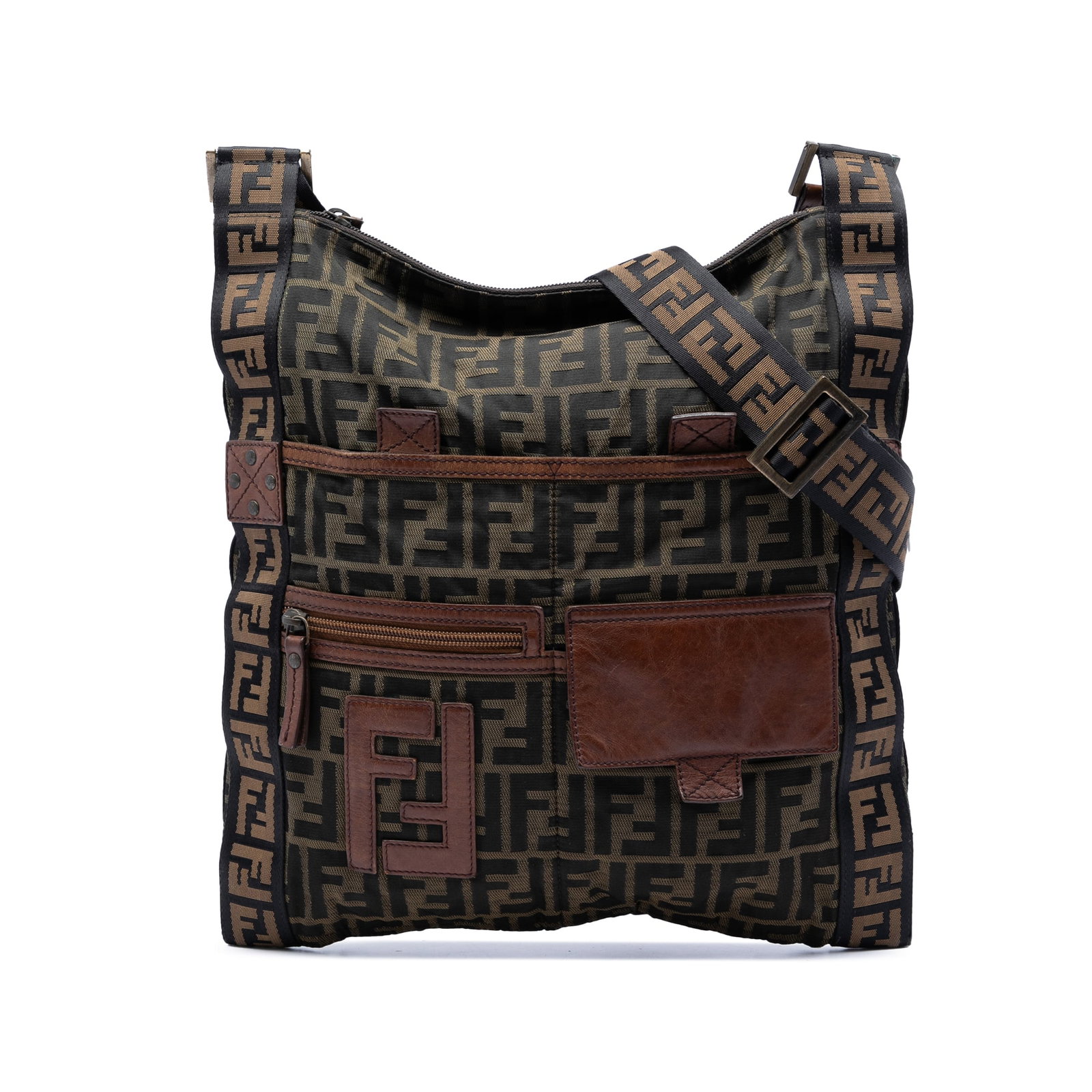 Fendi Zucca FF Canvas Crossbody Messenger Bag Brown: Fendi Zucca FF Canvas Crossbody Messenger Bag Brown Fendi Zucca Canvas FF Flat Messenger Bag with a canvas body and leather trim. This crossbody style features a flat canvas strap, top zip closure, an