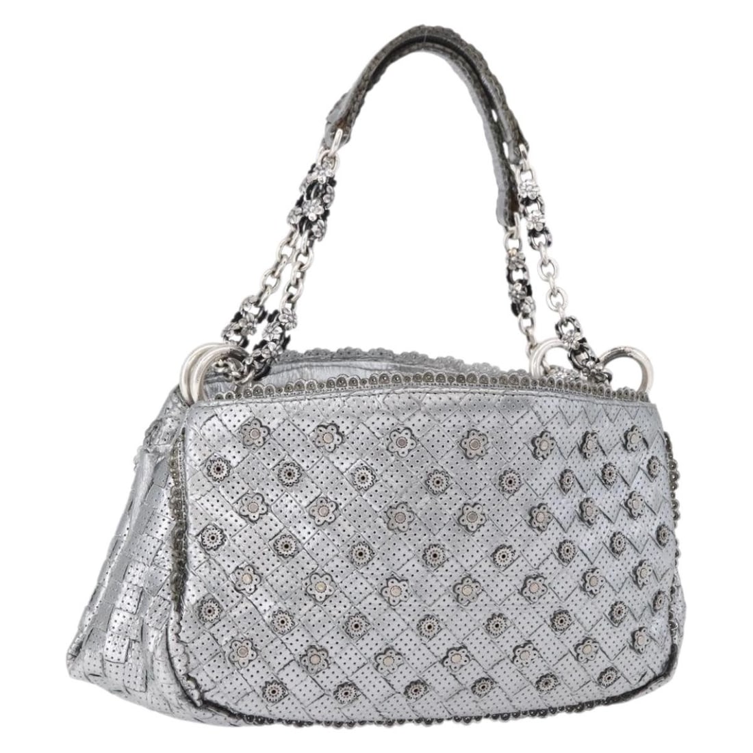 Bottega Veneta Intrecciato Leather Shoulder Bag Silver Chain Strap: Bottega Veneta Intrecciato Leather Shoulder Bag Silver Chain Strap Bottega Veneta Intrecciato chain shoulder bag in silver leather, made in Italy. This women's shoulder bag includes only the item show