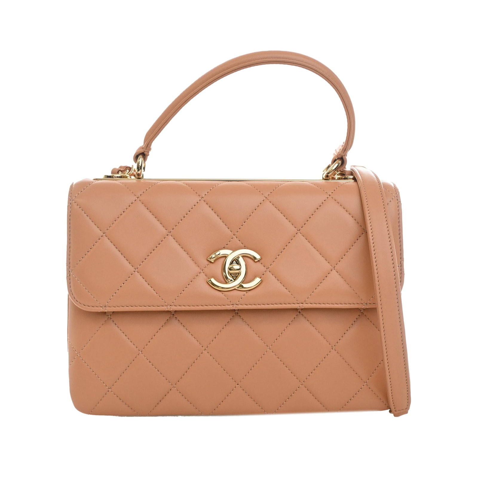 Chanel Trendy CC Small Beige Quilted Lambskin Top Handle Bag: Chanel Trendy CC Small Beige Quilted Lambskin Top Handle Bag A Chanel Trendy CC top handle flap bag crafted in quilted lambskin leather in beige. This satchel-style bag features a flat leather top han