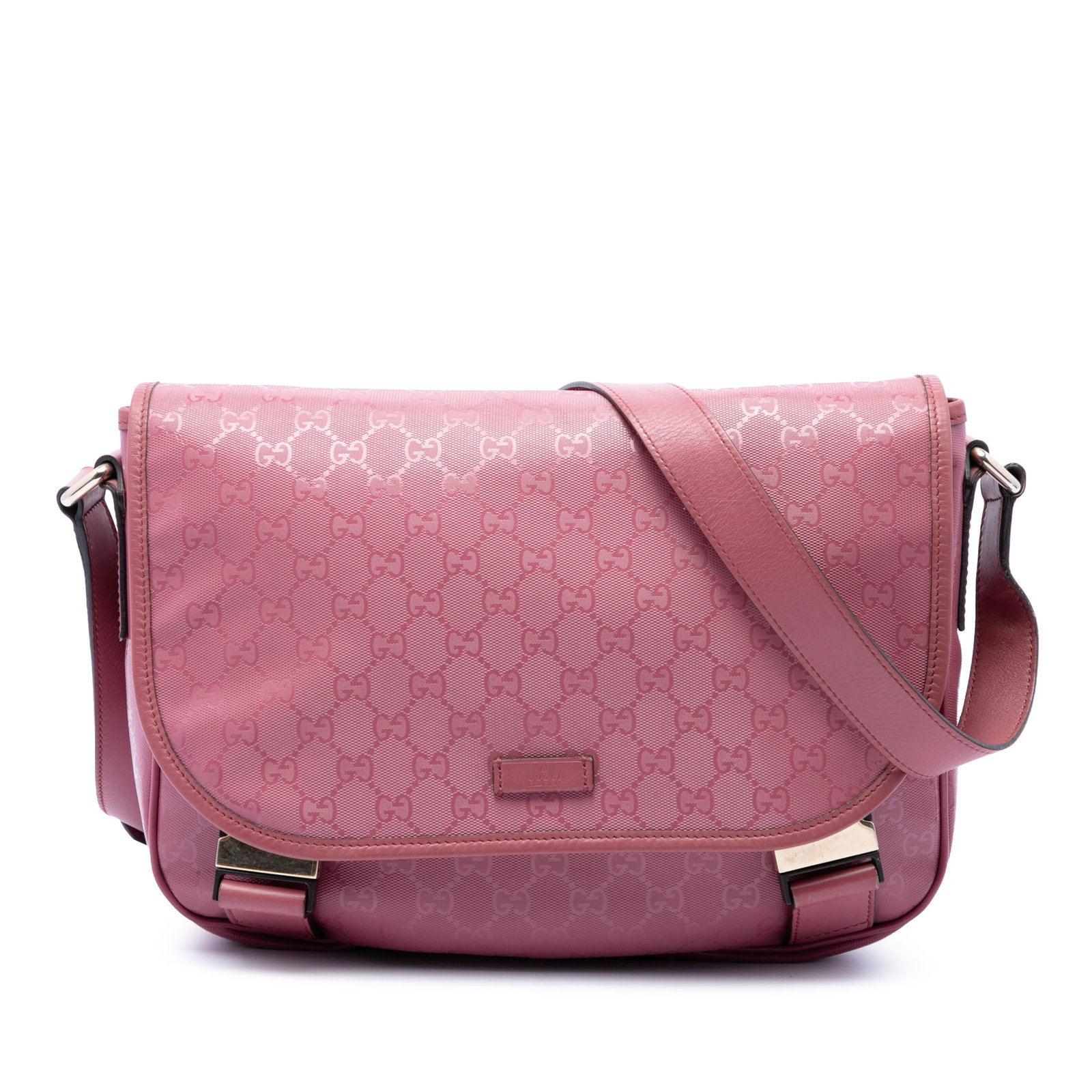 Gucci GG Imprime Pink Crossbody Bag with Leather Trim: Gucci GG Imprime Pink Crossbody Bag with Leather Trim Gucci GG Imprime crossbody bag in pink with a coated canvas body and leather trim. It features an adjustable flat nylon strap, a top flap with dua