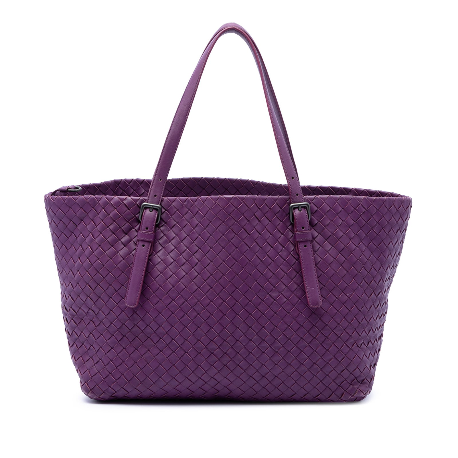 Bottega Veneta Cesta Medium Intrecciato Nappa Leather Tote: Bottega Veneta Cesta Medium Intrecciato Nappa Leather Tote A Bottega Veneta Medium Nappa Intrecciato Cesta Tote in purple leather with the brand's signature woven construction. This open-top tote is d