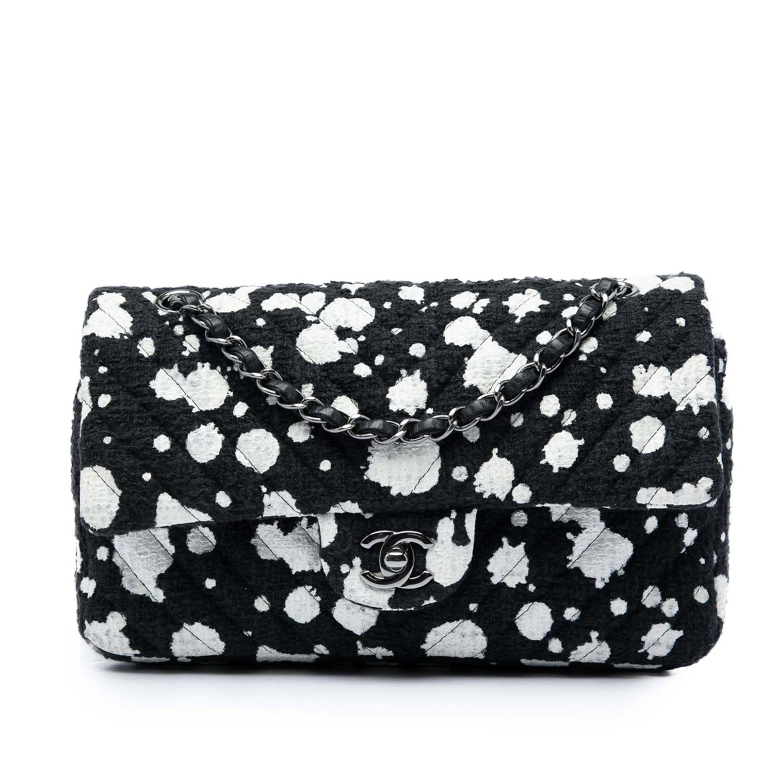Chanel Medium Double Flap Shoulder Bag in Chevron Tweed Paint Splatter: Chanel Medium Double Flap Shoulder Bag in Chevron Tweed Paint Splatter A Chanel Medium Chevron Tweed Paint Splatter Double Flap shoulder bag crafted with a quilted tweed body and a leather-woven chain