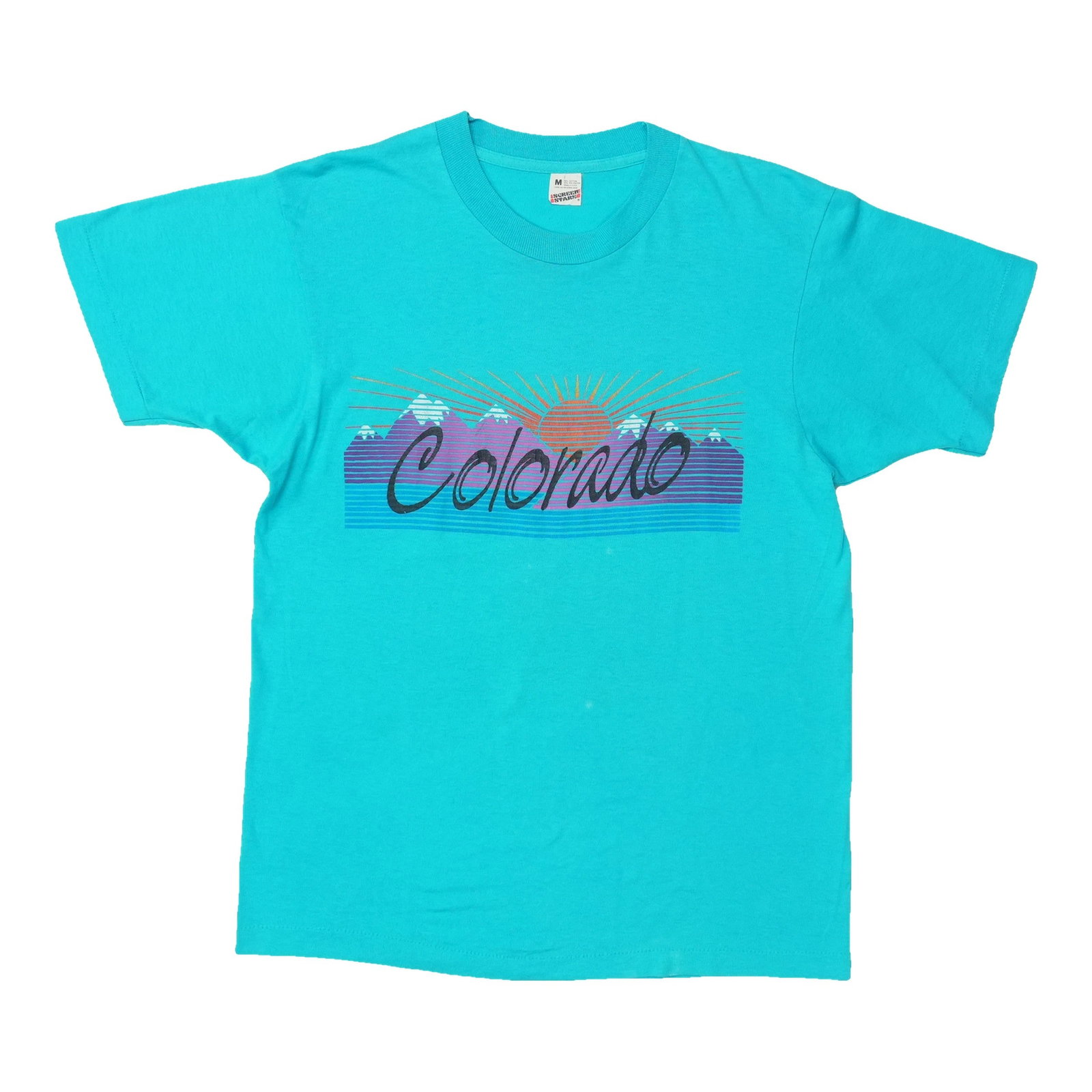 Vintage Blue Poly Cotton Colorado Sunset Tee Medium: Vintage Blue Poly Cotton Colorado Sunset Tee Medium Original vintage 1980s Colorado Sunset shirt in blue poly/cotton. This is a true vintage piece, not a modern reproduction. It is in excellent condit