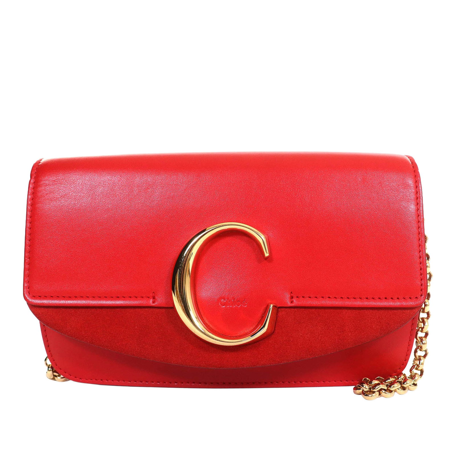 Chloe C Chain Mini Crossbody Bag Red Calfskin Suede: Chloe C Chain Mini Crossbody Bag Red Calfskin Suede Chloe Mini C Chain crossbody bag crafted in calfskin and suede leather. This compact design features a chain-link and flat leather strap, a flap wit