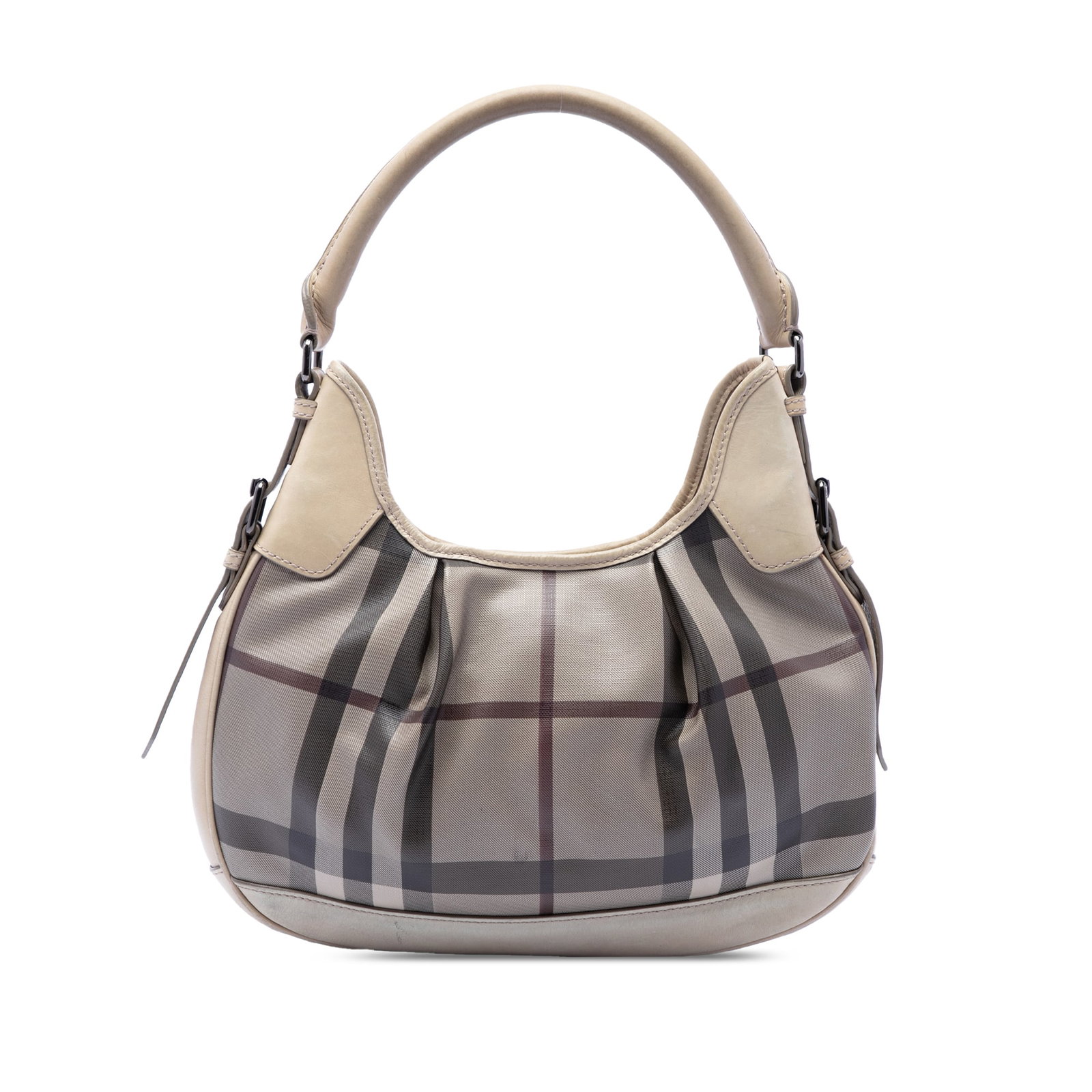 Burberry Brooklyn Hobo Bag in Smoke Check Coated Canvas: Burberry Brooklyn Hobo Bag in Smoke Check Coated Canvas Burberry Brooklyn hobo bag in Smoke Check coated canvas with leather trim and a rolled leather shoulder strap. The bag features a top zip closur
