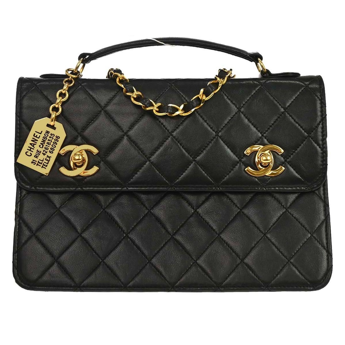 CHANEL Single Chain Shoulder black lambskin top handle bag: CHANEL Single Chain Shoulder black lambskin top handle bag Chanel black lambskin 2way handbag in a small size with a top handle style and turn lock closure. It features a quilted finish, chain strap, 