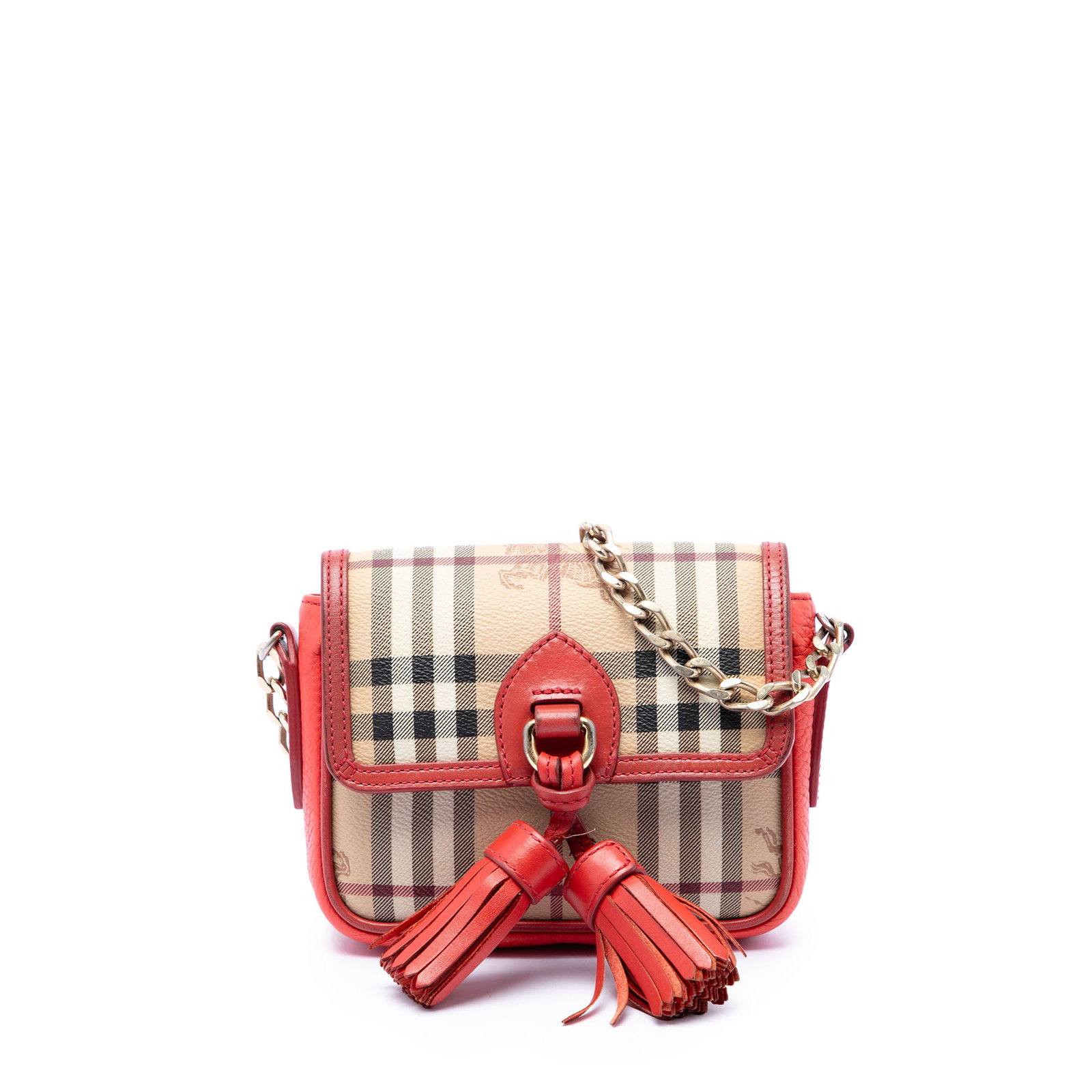 Burberry Haymarket Check Mini Crossbody Bag with Tassel: Burberry Haymarket Check Mini Crossbody Bag with Tassel Burberry Mini Haymarket Check crossbody bag crafted with a coated canvas body, leather trim, and tassel detail. It features a curb chain strap w