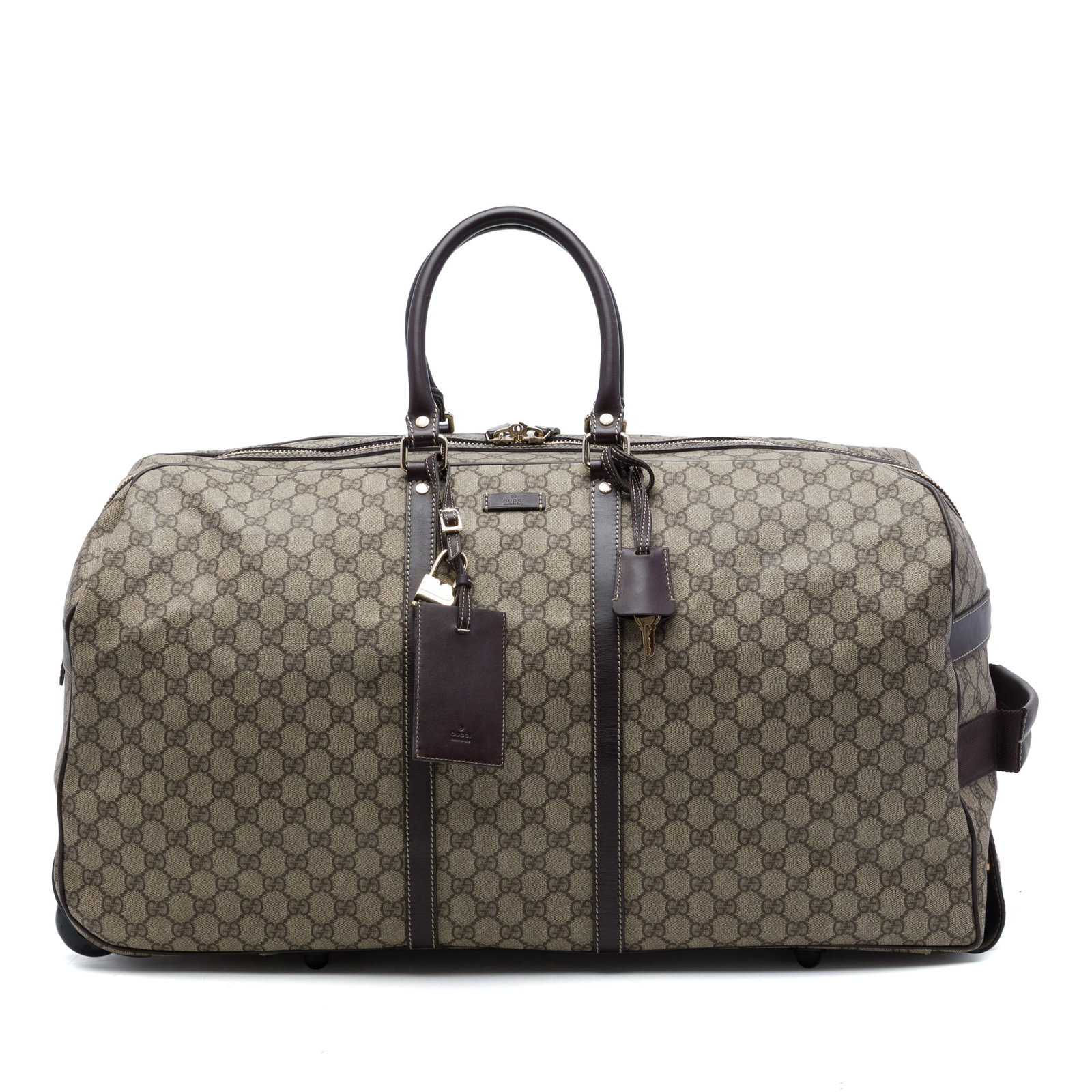 Gucci GG Supreme Large Trolley Travel Bag Beige: Gucci GG Supreme Large Trolley Travel Bag Beige Large Gucci GG Supreme trolley travel bag in beige coated canvas with leather trim. It features rolled leather handles, a flat leather handle, a top zip
