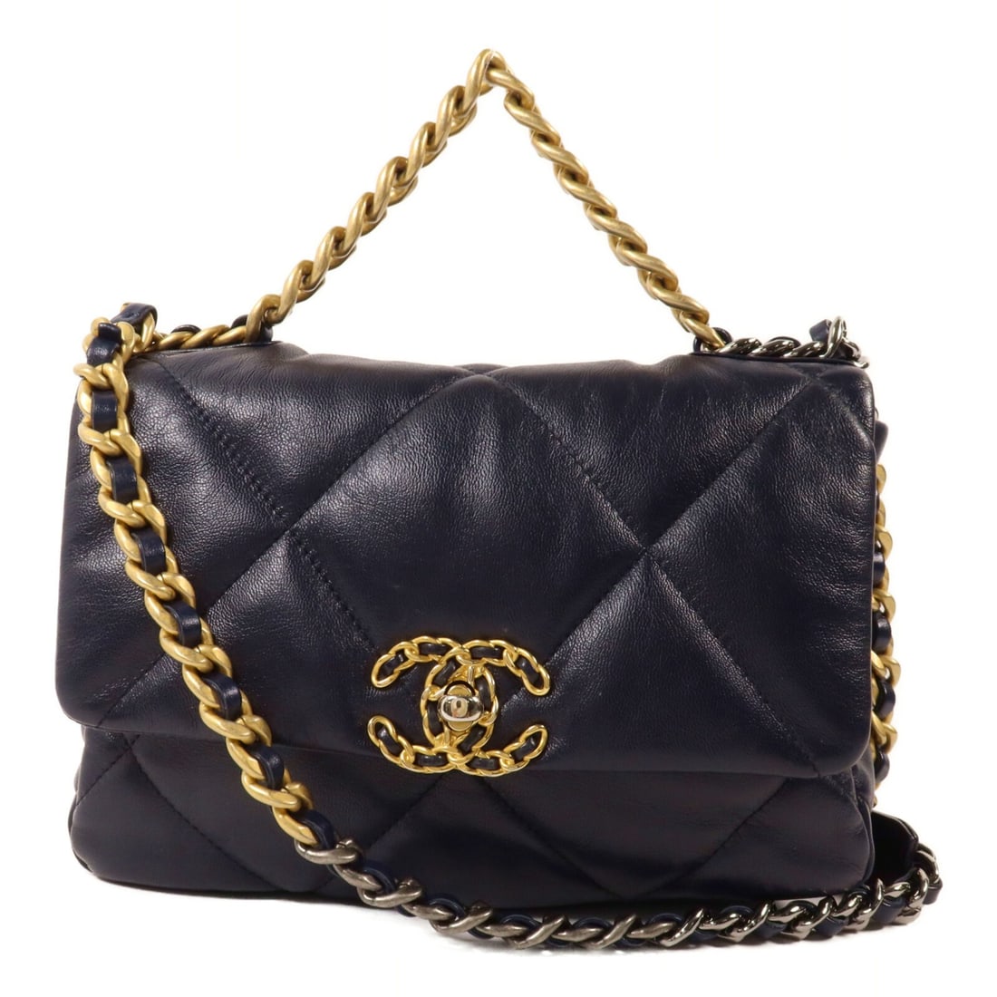 CHANEL AS1160 C19 Small Lambskin 2 Way Shoulder Bag Navy: CHANEL AS1160 C19 Small Lambskin 2 Way Shoulder Bag Navy CHANEL CC C19 small 2-way shoulder handbag in navy lambskin leather. This women's bag features a turn-lock closure, an exterior magnetic pocket