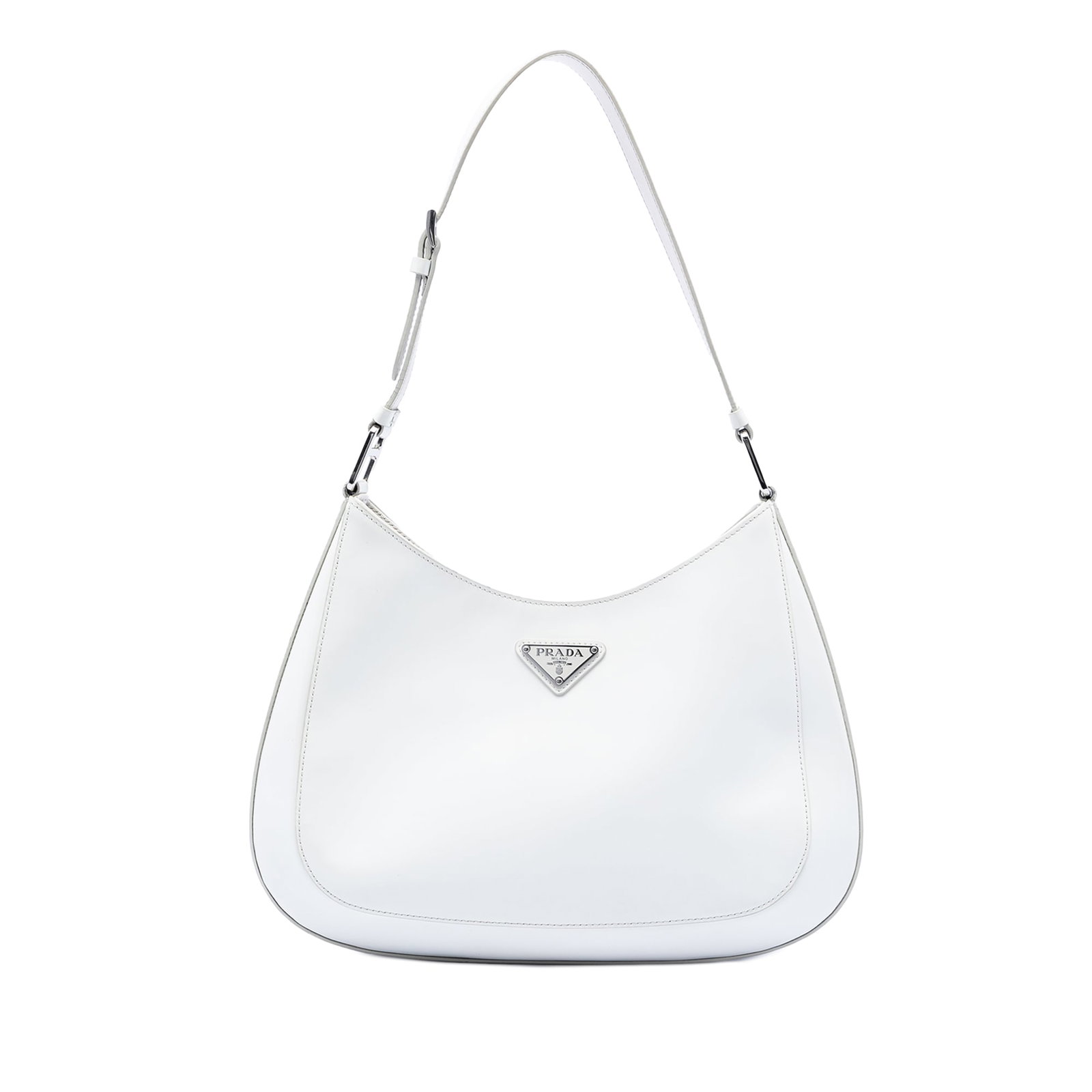 White Prada Cleo Spazzolato Leather Adjustable Strap Shoulder Bag: White Prada Cleo Spazzolato Leather Adjustable Strap Shoulder Bag This Prada Spazzolato Leather Cleo Shoulder Bag features a white leather body and an adjustable flat leather strap. The bag has an ope