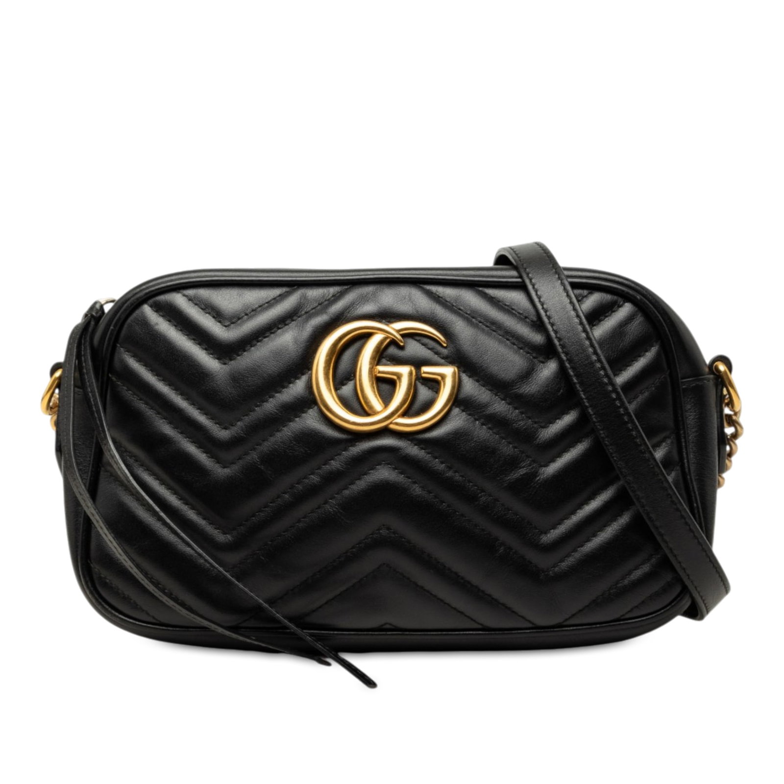 Gucci GG Marmont Small Matelasse Leather Crossbody Bag: Gucci GG Marmont Small Matelasse Leather Crossbody Bag A Gucci Small GG Marmont Matelasse calfskin crossbody bag in black with a quilted leather body, curb chain and leather strap, top zip closure, an