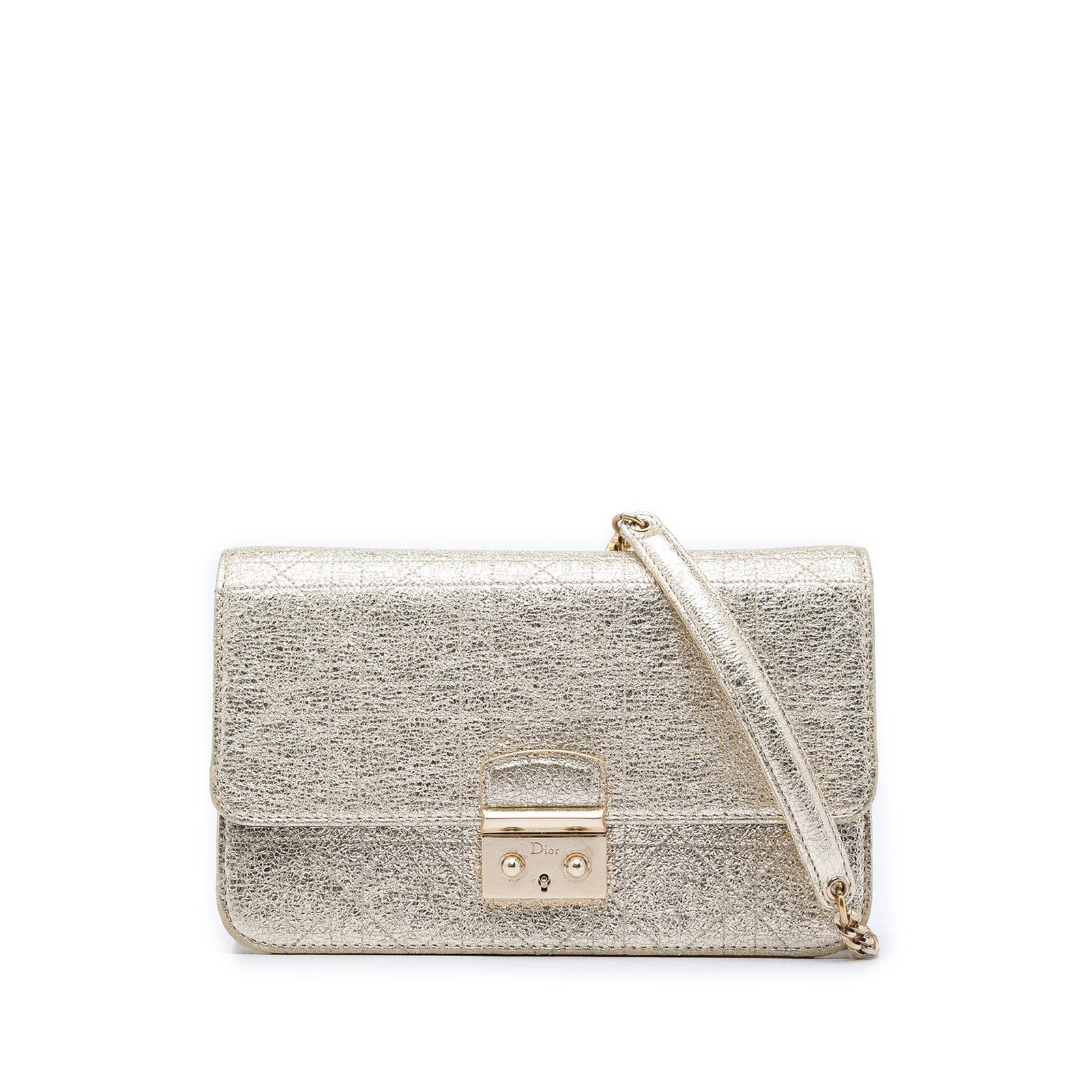 Dior Miss Dior Promenade Cannage Leather Chain Wallet Gold: Dior Miss Dior Promenade Cannage Leather Chain Wallet Gold A Dior Miss Dior Promenade wallet on chain in metallic crinkled calfskin with Cannage quilting. This Italian-made bag features a leather body