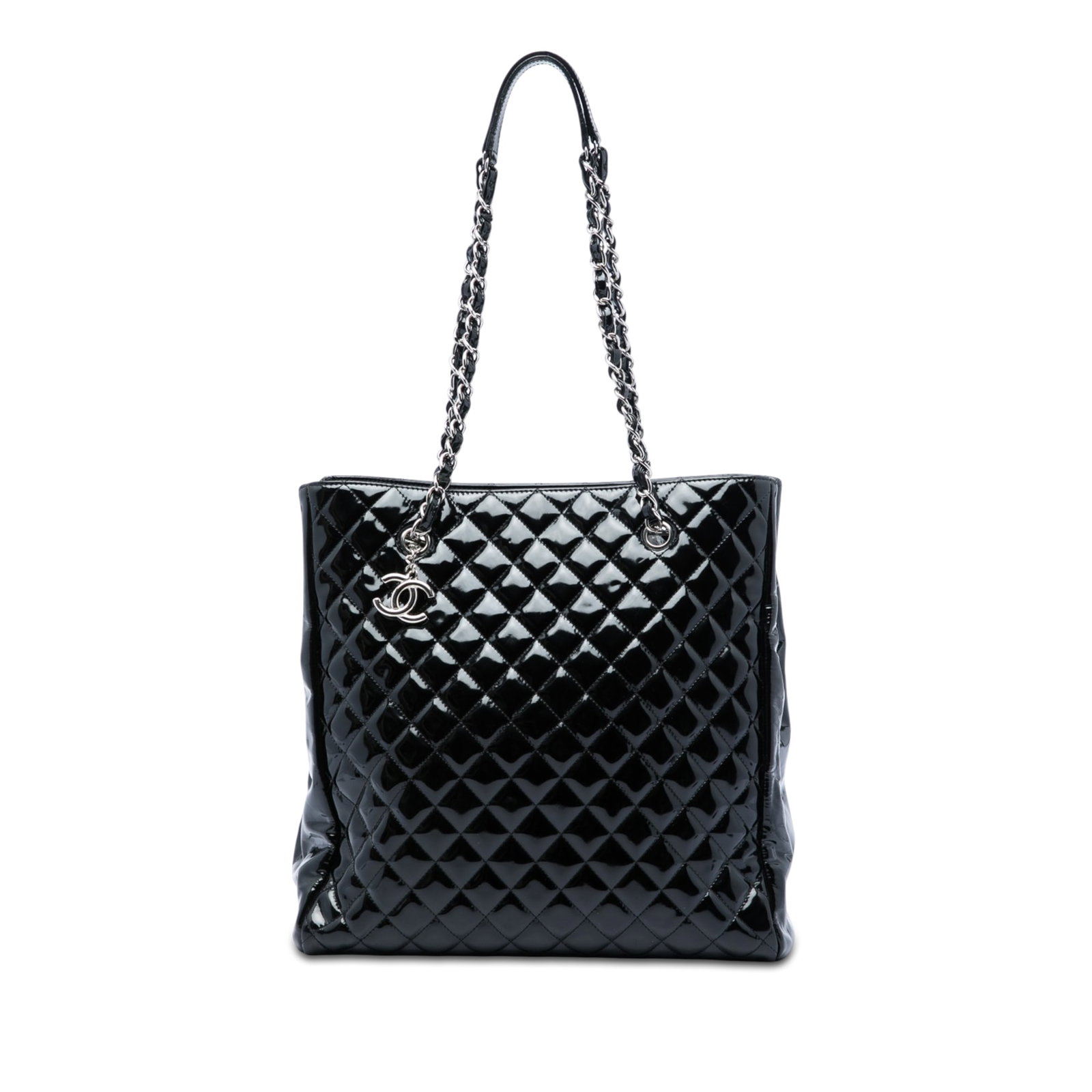 Chanel CC Quilted Patent Leather North South Tote Bag Black: Chanel CC Quilted Patent Leather North South Tote Bag Black Chanel CC Quilted Patent North South Tote in black patent leather with a quilted finish and leather-woven chain link straps with leather gua