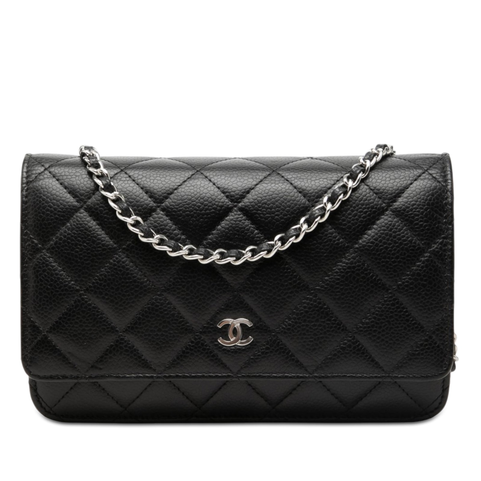Chanel CC Caviar Leather Wallet on Chain Quilted Black: Chanel CC Caviar Leather Wallet on Chain Quilted Black Chanel CC Quilted Caviar Wallet on Chain in black quilted caviar leather. This bag features a silver-tone leather-woven chain strap, a front flap