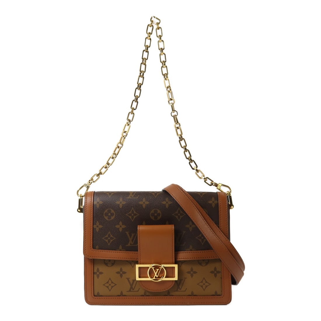 Louis Vuitton Dauphine MM M44391 2 Way Shoulder Bag Monogram Reverse: Louis Vuitton Dauphine MM M44391 2 Way Shoulder Bag Monogram Reverse Louis Vuitton Dauphine MM 2 Way Chain Shoulder Bag in Monogram Reverse and PVC coated canvas. It features a brown exterior, a chain