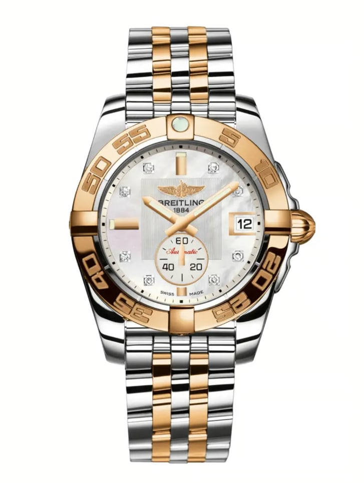 Breitling Galactic Ladies Watch White MOP Diamond Dial 2 Tone Bracelet: Breitling Galactic Ladies Watch White MOP Diamond Dial 2 Tone Bracelet Breitling Galactic ladies watch featuring a factory white mother-of-pearl diamond dial, a rotating bezel, and a two-tone bracelet