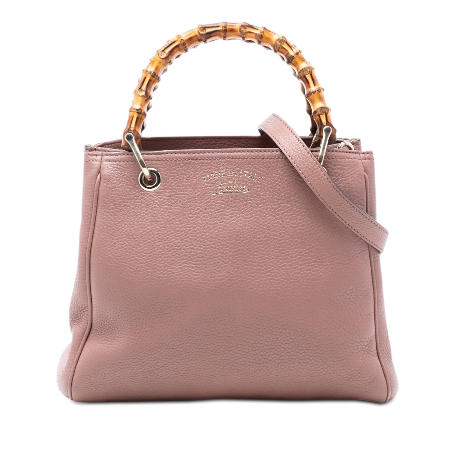 Gucci Bamboo Shopper Small Calfskin Satchel Pink Leather: Gucci Bamboo Shopper Small Calfskin Satchel Pink Leather This Gucci Bamboo Shopper satchel is crafted in pink calfskin leather and features signature bamboo handles with a detachable flat leather stra