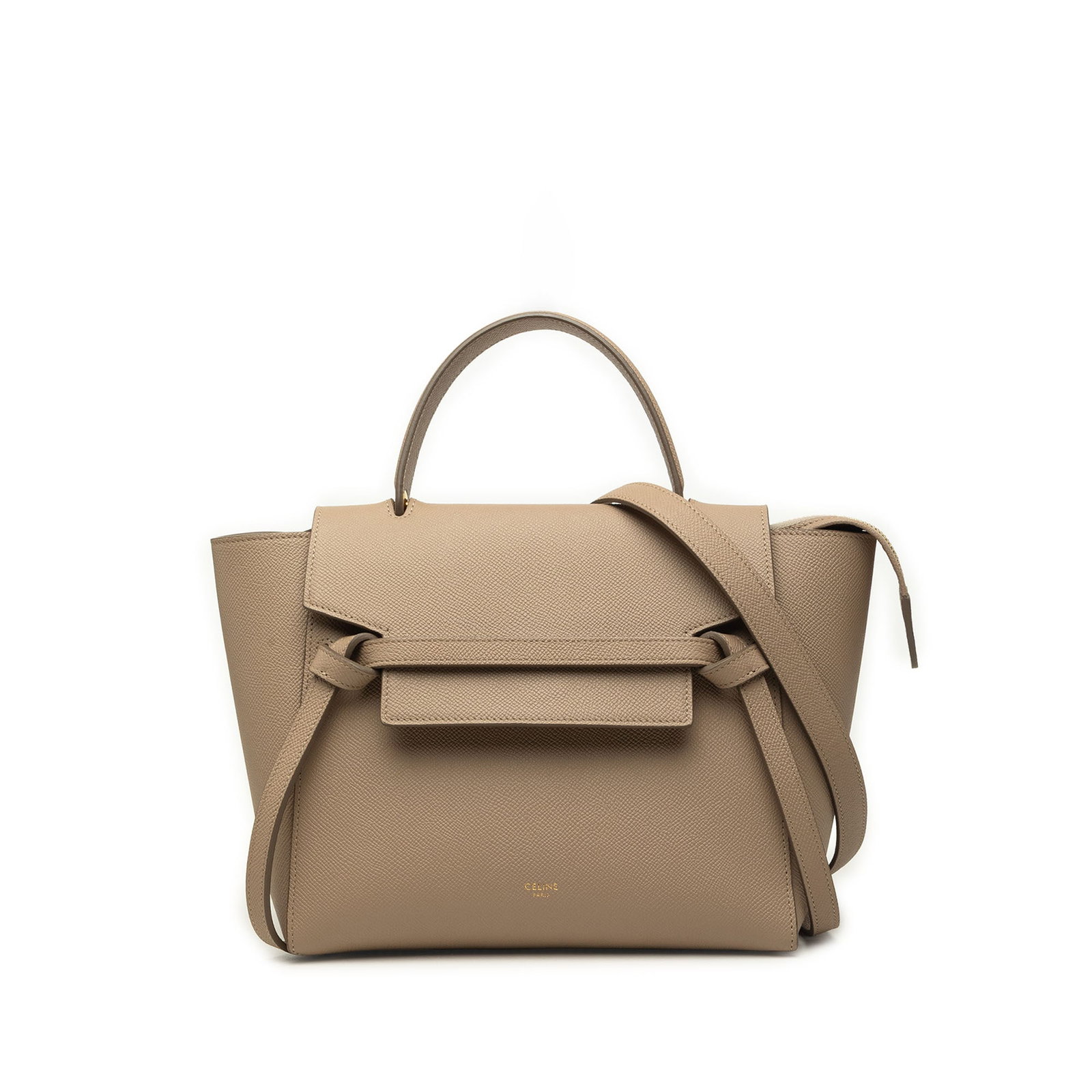 Celine Micro Belt Bag in Brown Grained Calfskin Leather: Celine Micro Belt Bag in Brown Grained Calfskin Leather Celine Micro Grained Calfskin Belt Bag crafted in brown leather. This bag features a flat leather handle, a detachable leather strap, a top flap