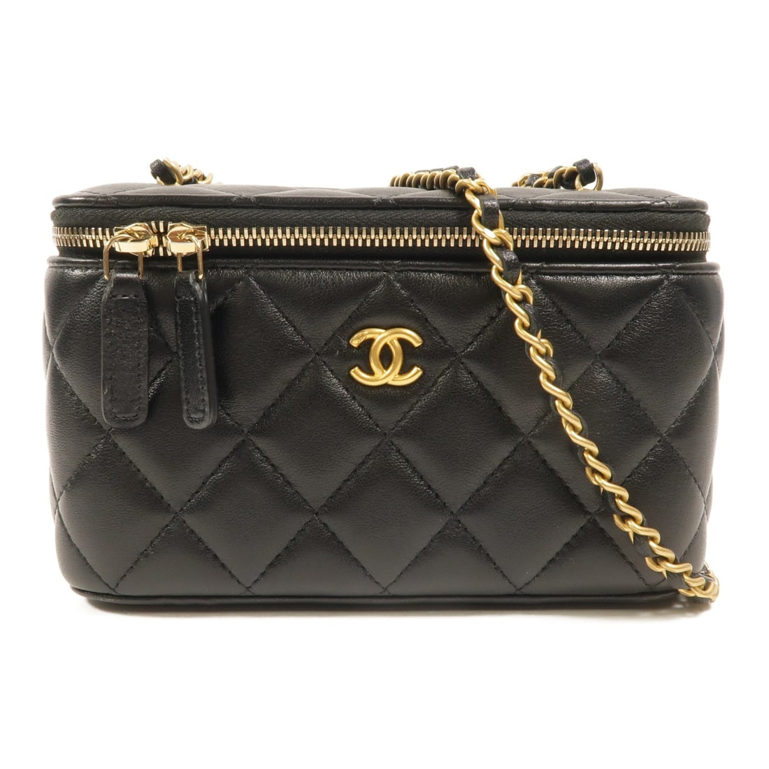 CHANEL AP2303 CC Vanity Chain Shoulder Bag Black Lambskin: CHANEL AP2303 CC Vanity Chain Shoulder Bag Black Lambskin Chanel vanity case chain shoulder bag in black lambskin leather with the signature CC design. This women's shoulder bag features an interior w